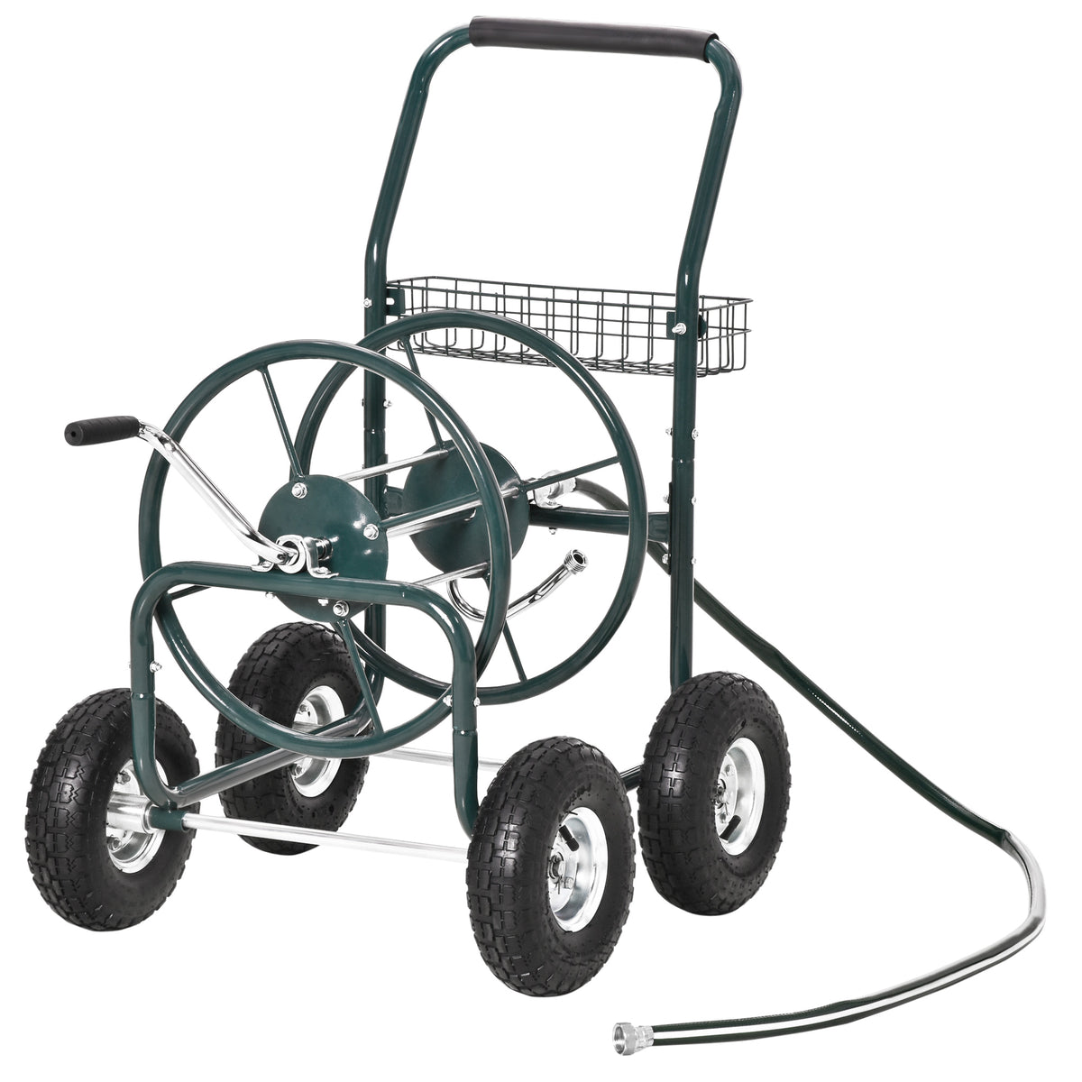 Chariot enrouleur de tuyau portable avec panier rangement