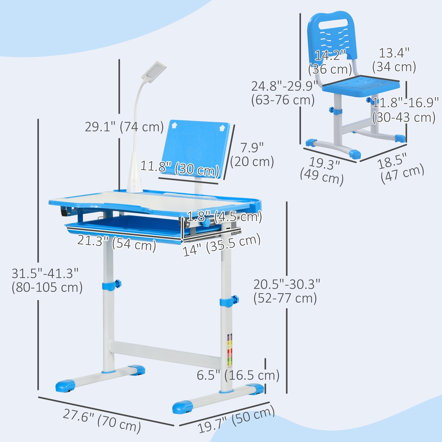 Bureau enfant ajustable avec chaise et lampe LED