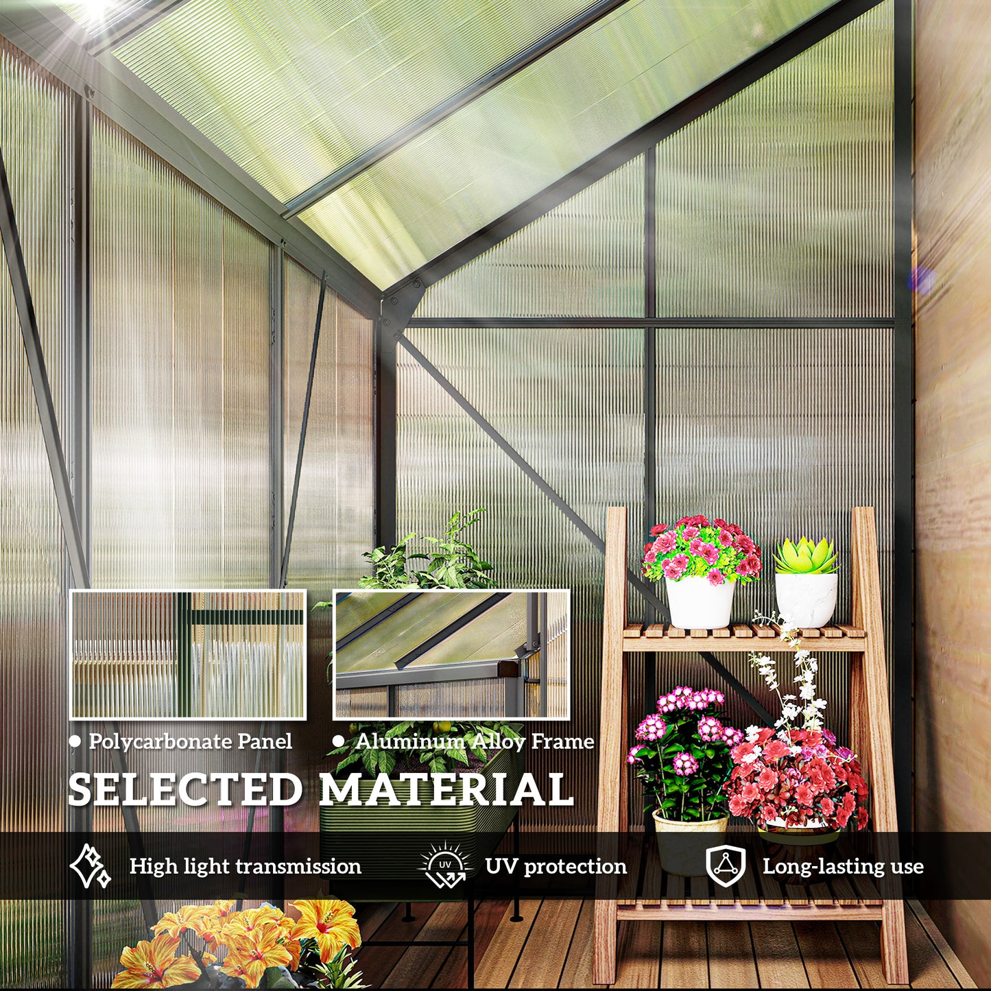  Lean-to Greenhouse Aluminium 192x127cm Polycarbonate Dark Grey