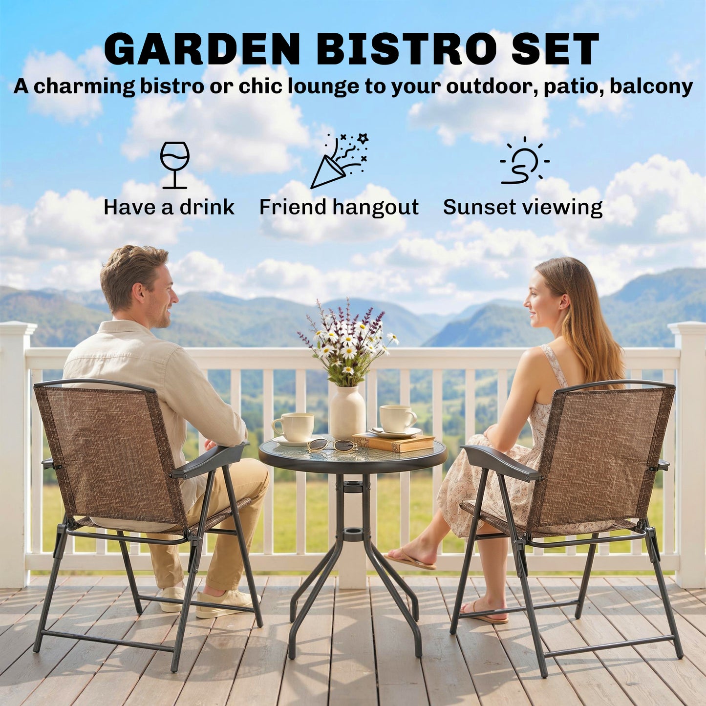 Ensemble bistro pliant 3 pièces avec table en verre