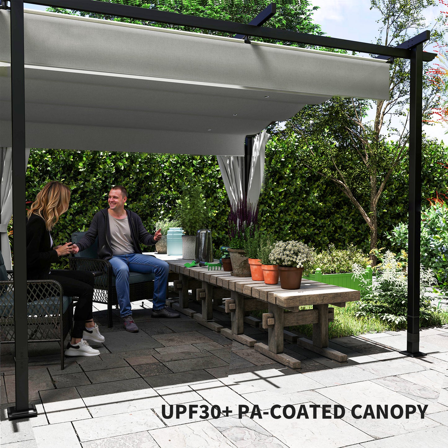 Pergola rétractable en métal avec rideaux latéraux