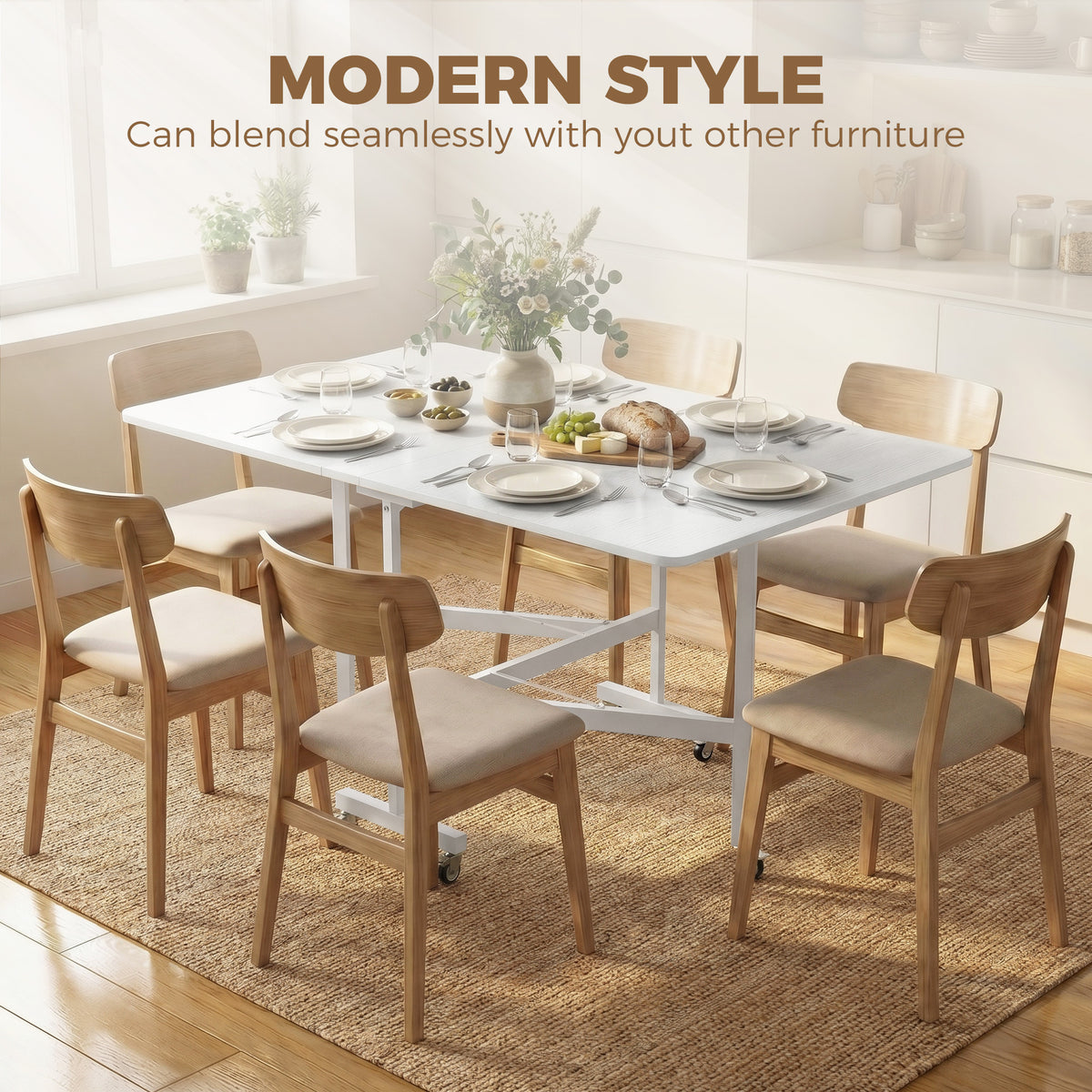 Table à manger pliante à roulettes pour six personnes