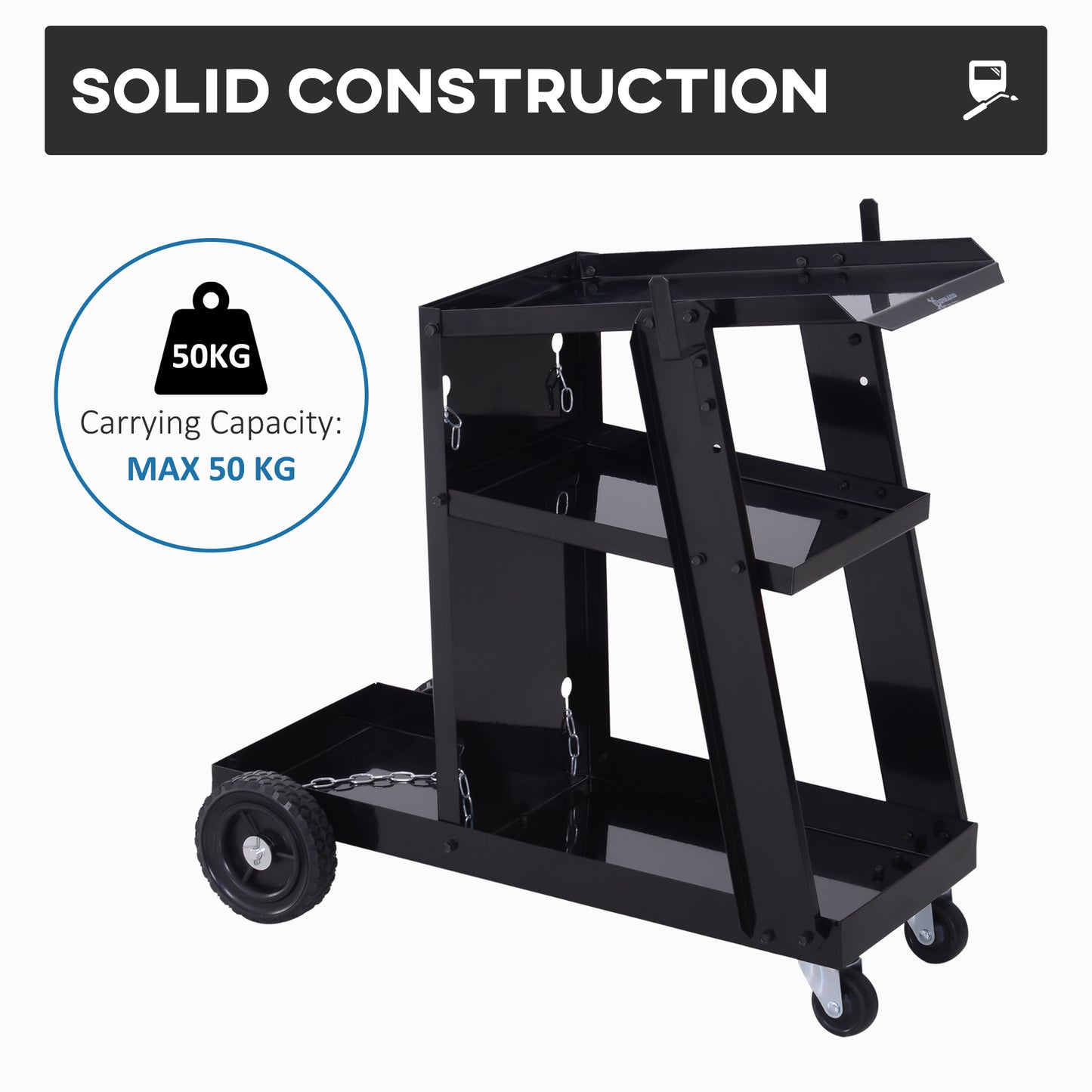 Chariot de soudage 3 tablettes avec chaînes de sécurité
