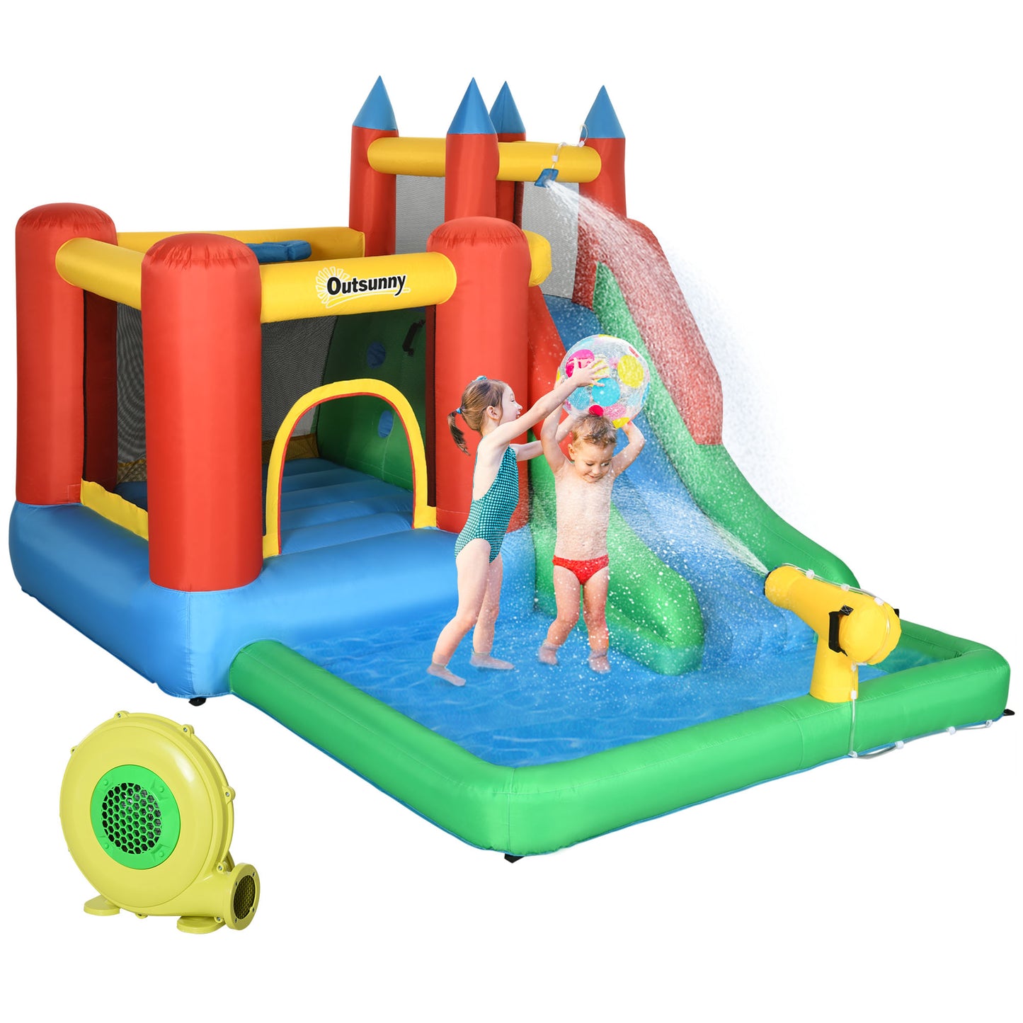 Château gonflable 6 en 1 avec trampoline, glissade et piscine