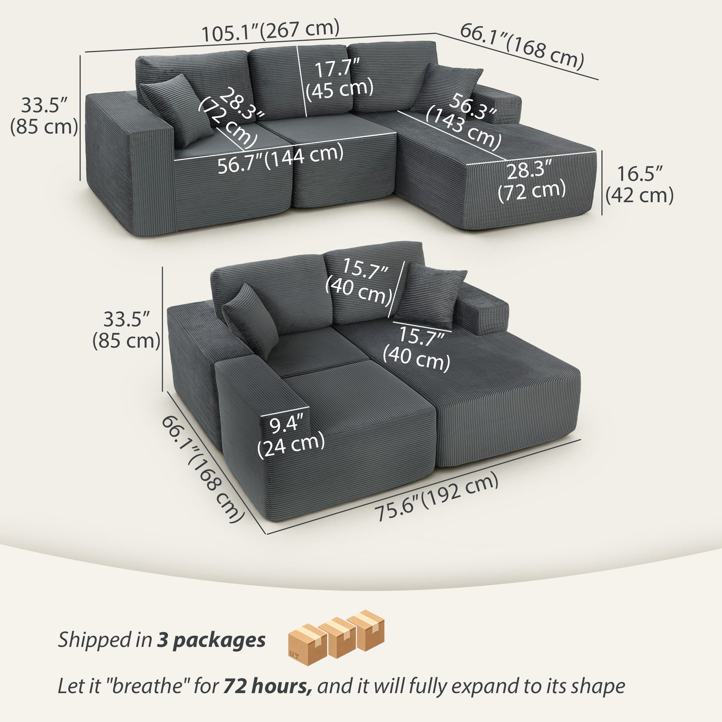 Sofa sectionnel modulaire 2-en-1 forme L en velours côtelé