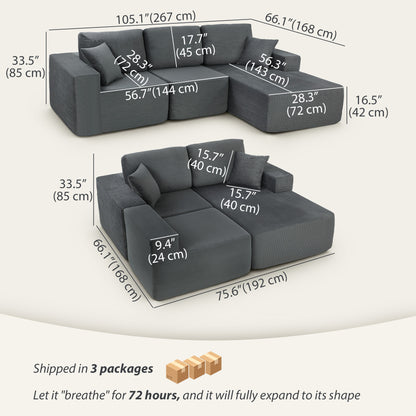 Sofa sectionnel modulaire 2-en-1 forme L en velours côtelé