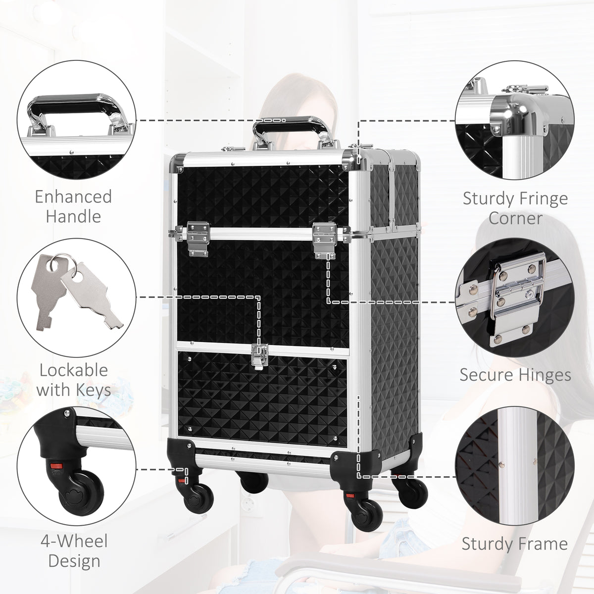 Valise de maquillage roulante professionnelle en aluminium