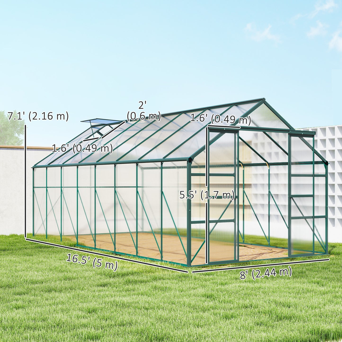 Serre de jardin aluminium polycarbonate avec gouttière 16' x 8'