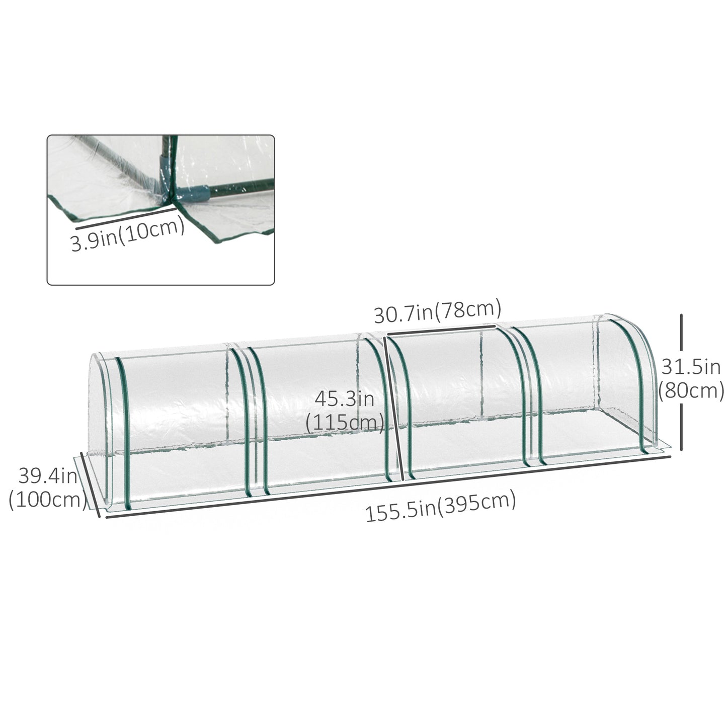 4m x 1m x 0.8m Portable Tunnel Greenhouse with 4 Zipper Doors
