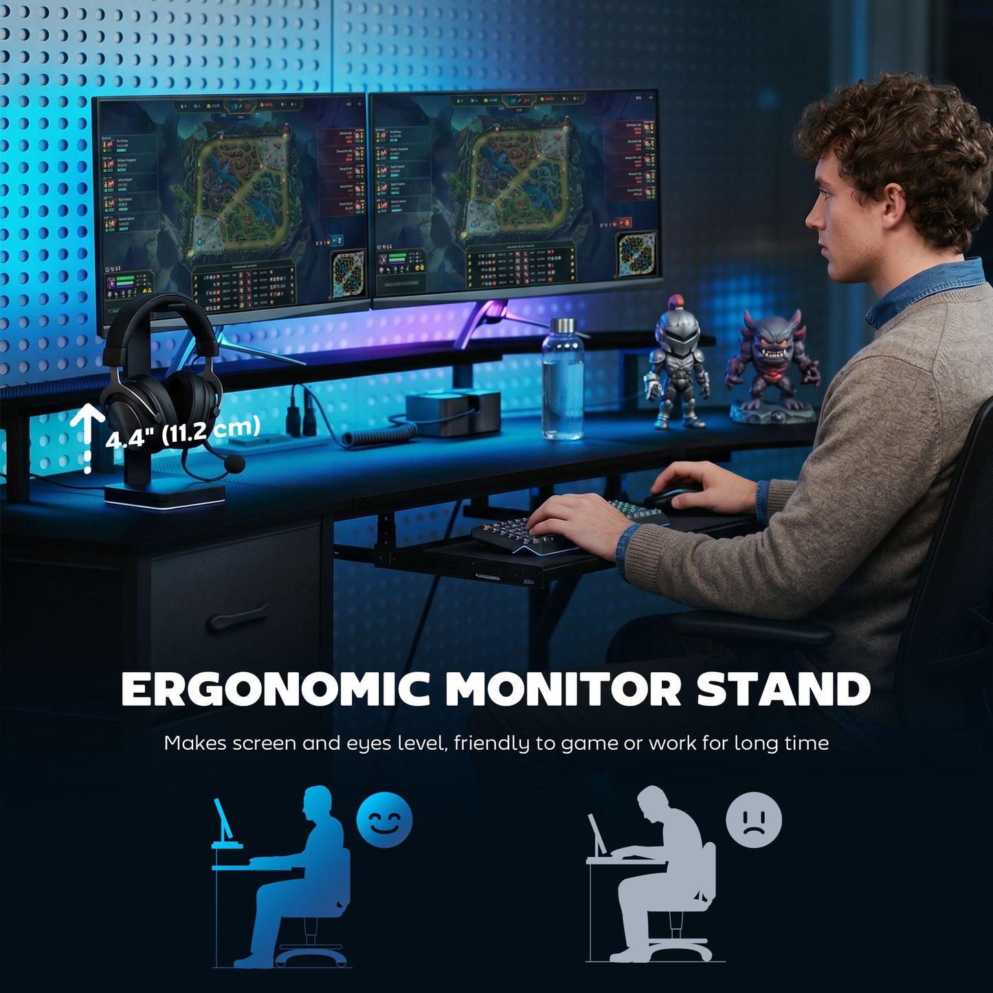 Bureau de jeu incurvé avec RGB, prises et tiroirs