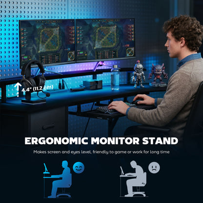 Bureau de jeu incurvé avec RGB, prises et tiroirs