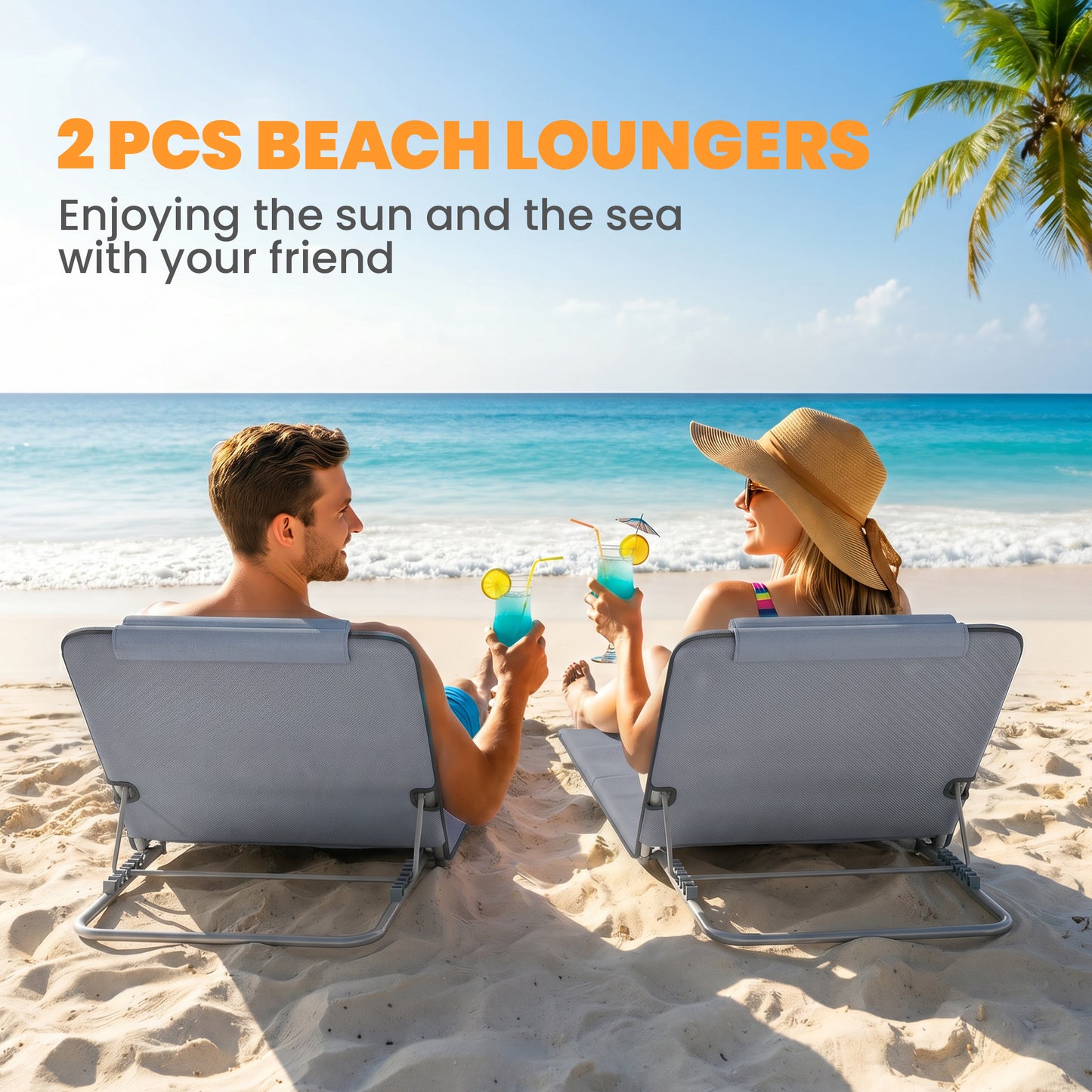 Chaises longues pliantes extérieures ensemble 2 pièces avec oreiller
