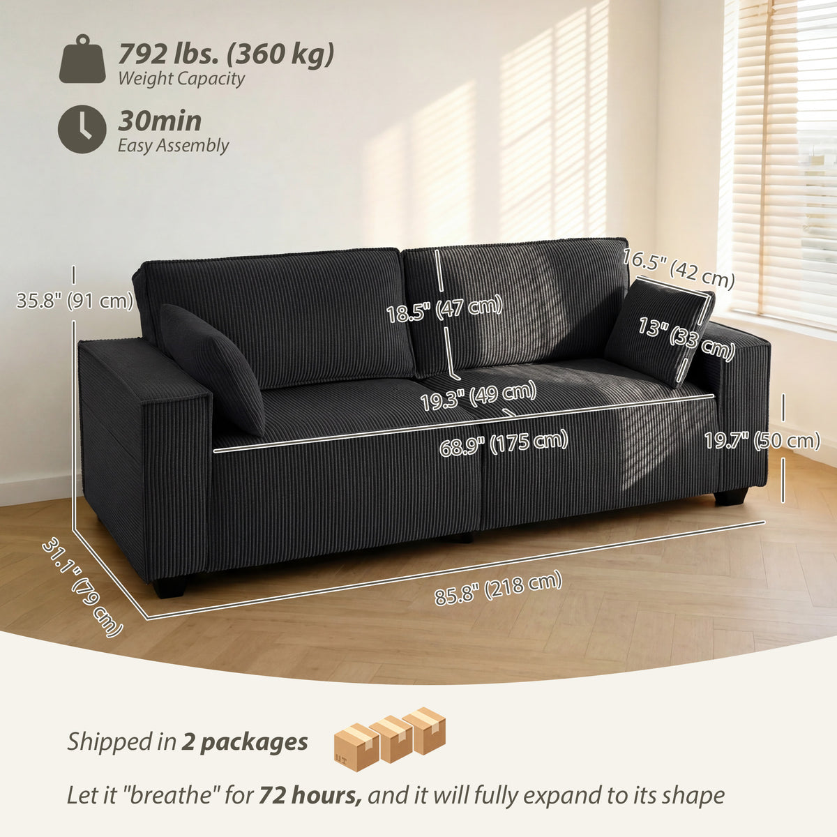 Sofa 3 places à ressorts ensachés en velours côtelé
