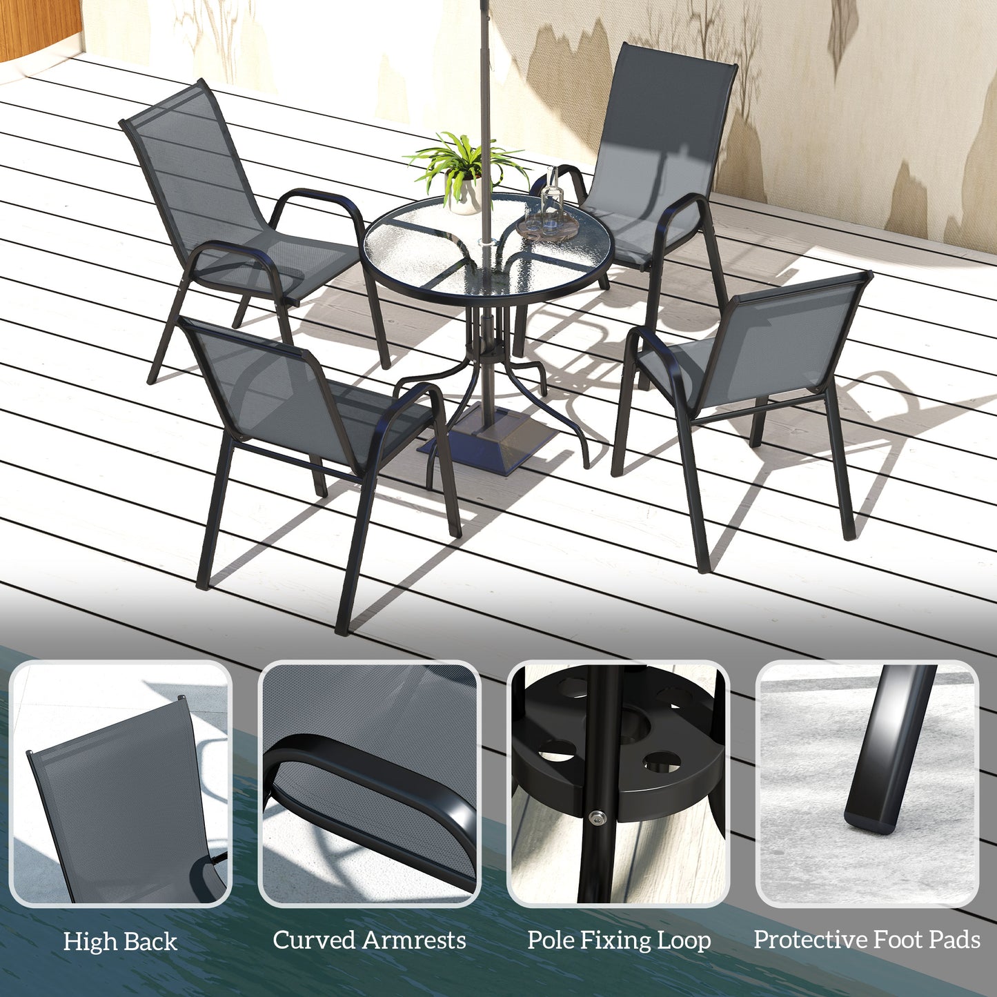 Ensemble de patio cinq pièces table ronde et chaises empilables