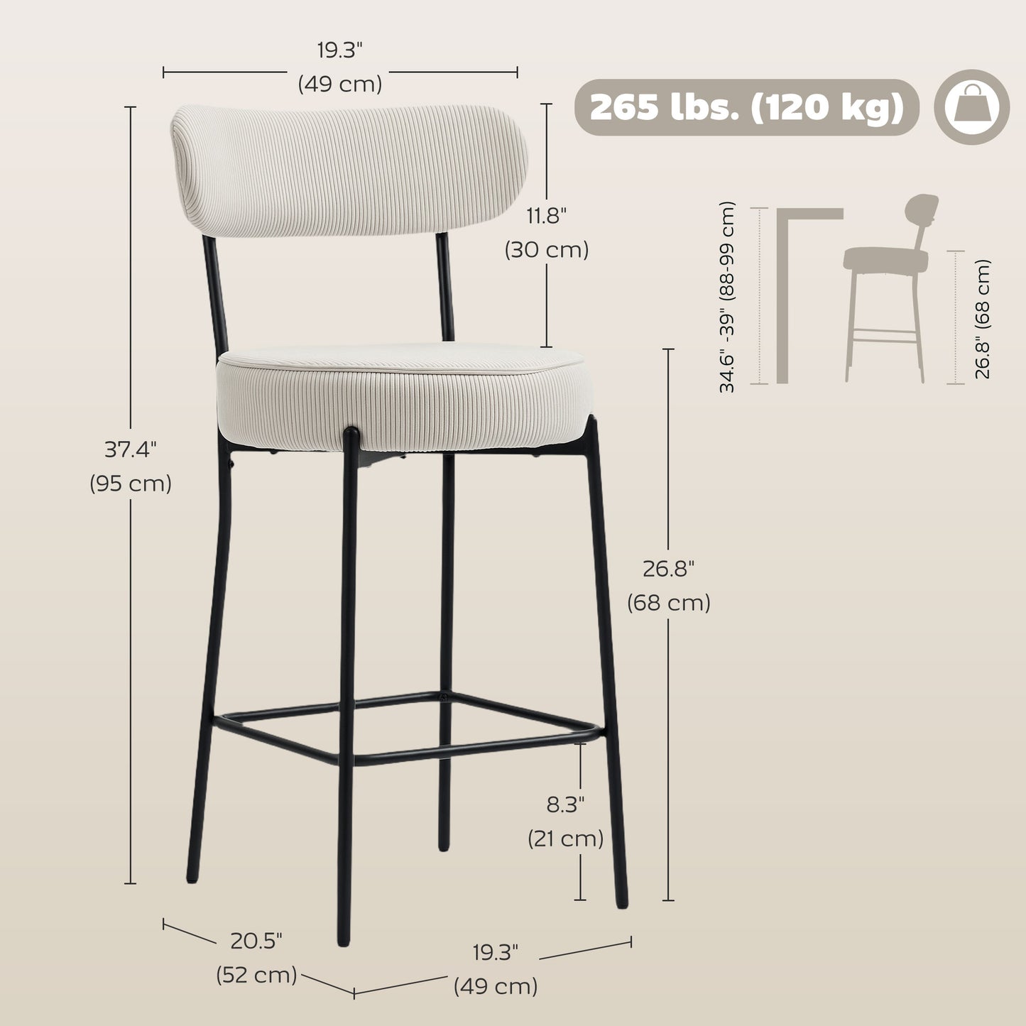 Tabourets de bar rembourrés en velours côtelé — lot de 2