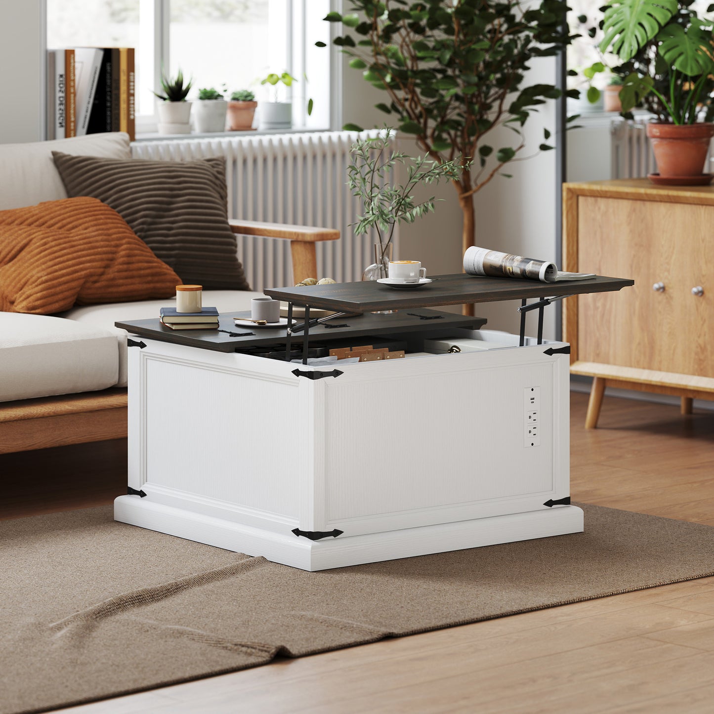 Table basse relevable avec station de recharge et rangement