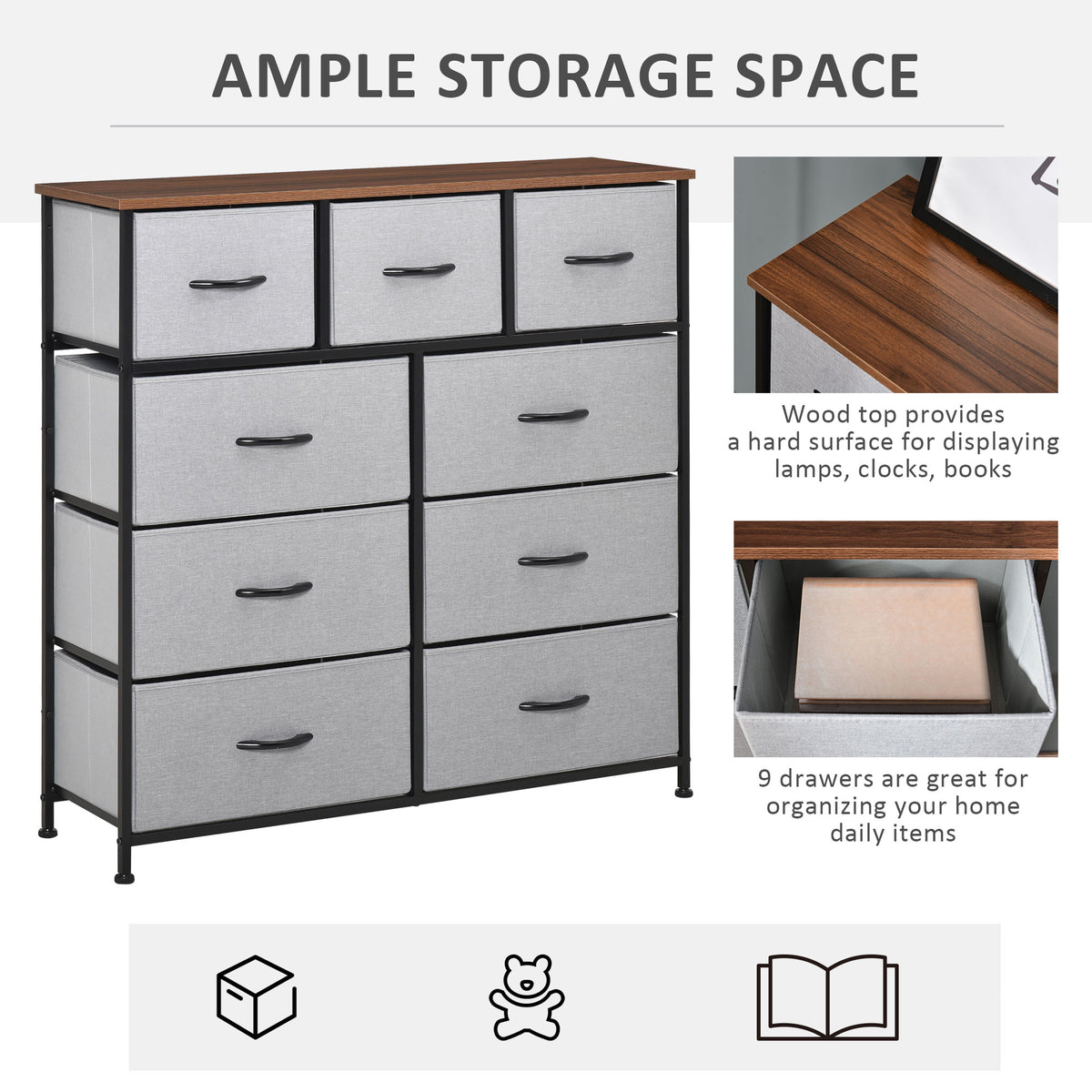 Commode de chambre à 9 tiroirs avec cadre en acier