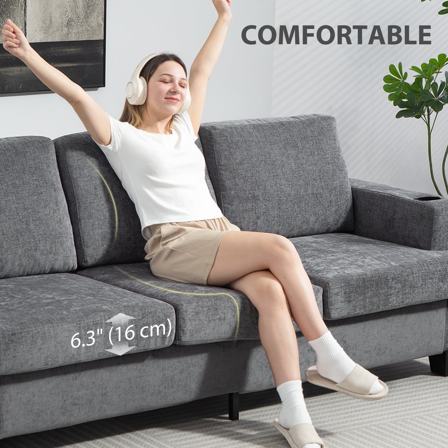 Canapé 3 places avec ports USB et porte-gobelets