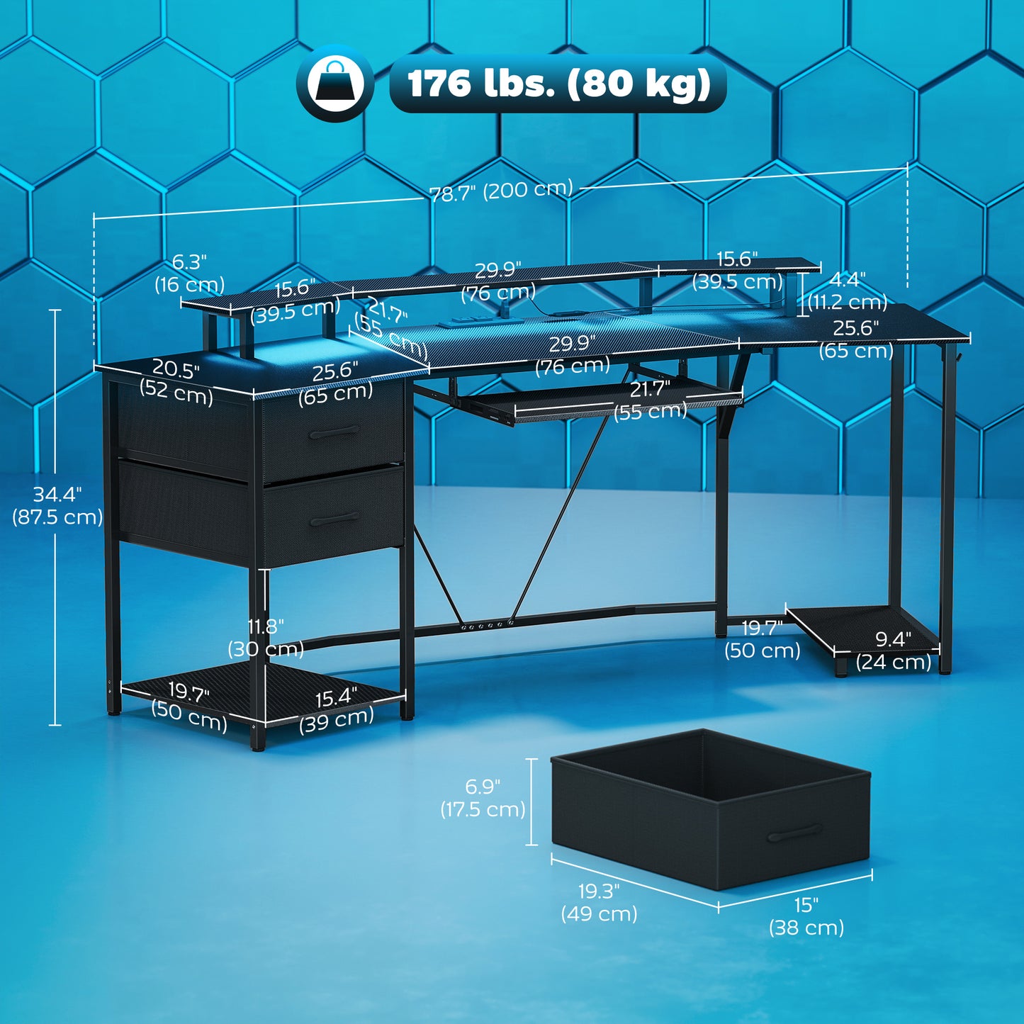 Bureau de jeu incurvé avec RGB, prises et tiroirs