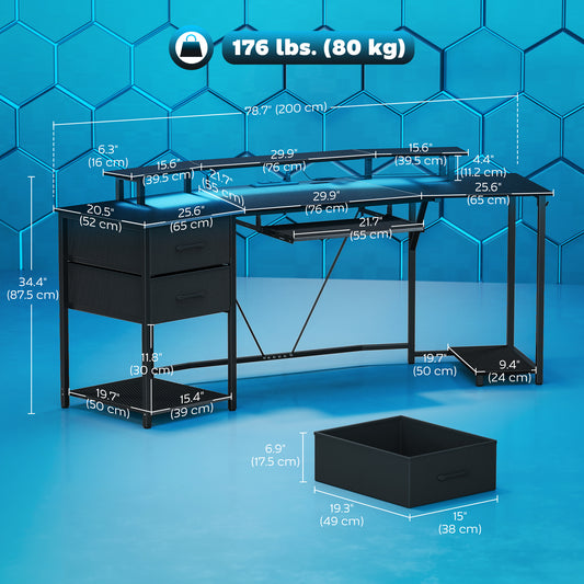Bureau de jeu incurvé avec RGB, prises et tiroirs