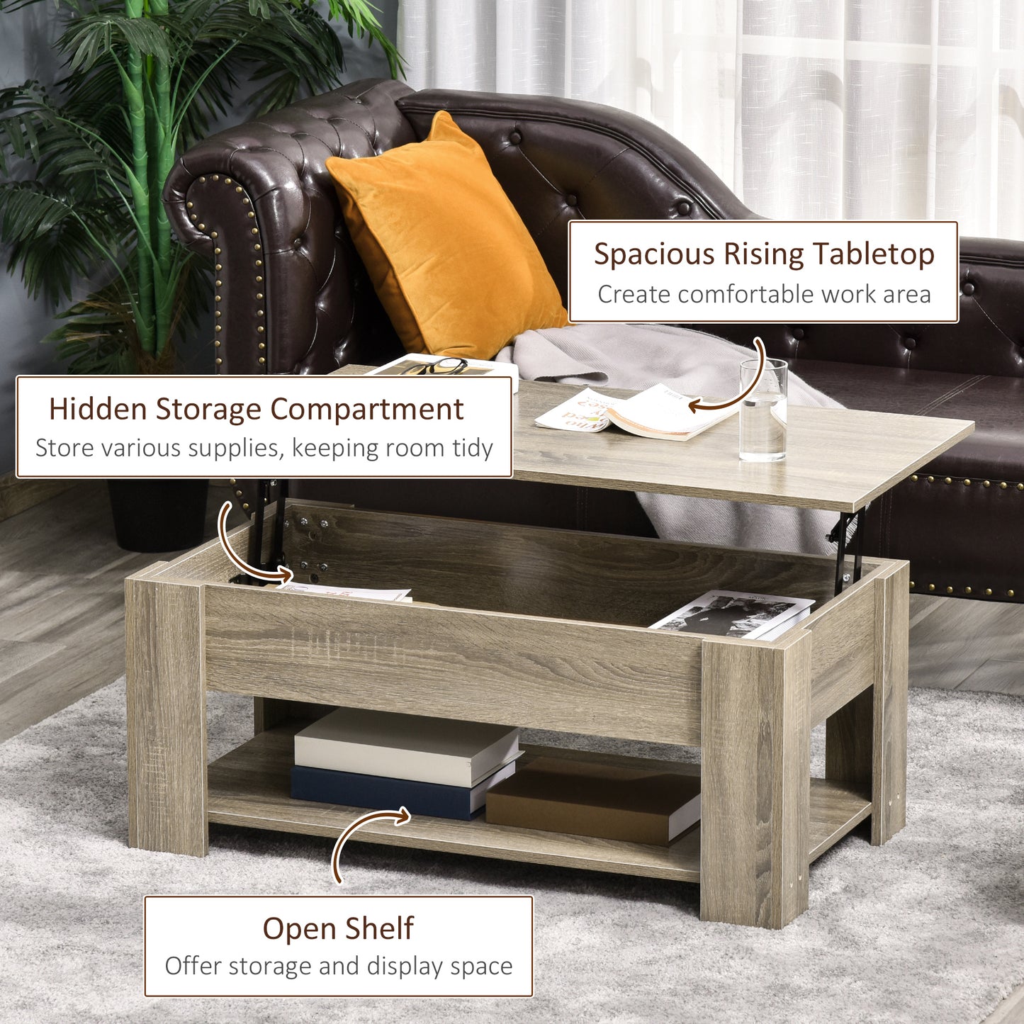Table basse relevable avec rangement caché et tablette