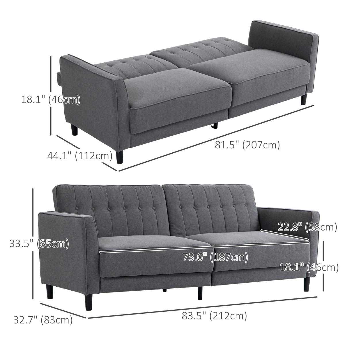 Sofa-lit convertible capitonné à dossier ajustable