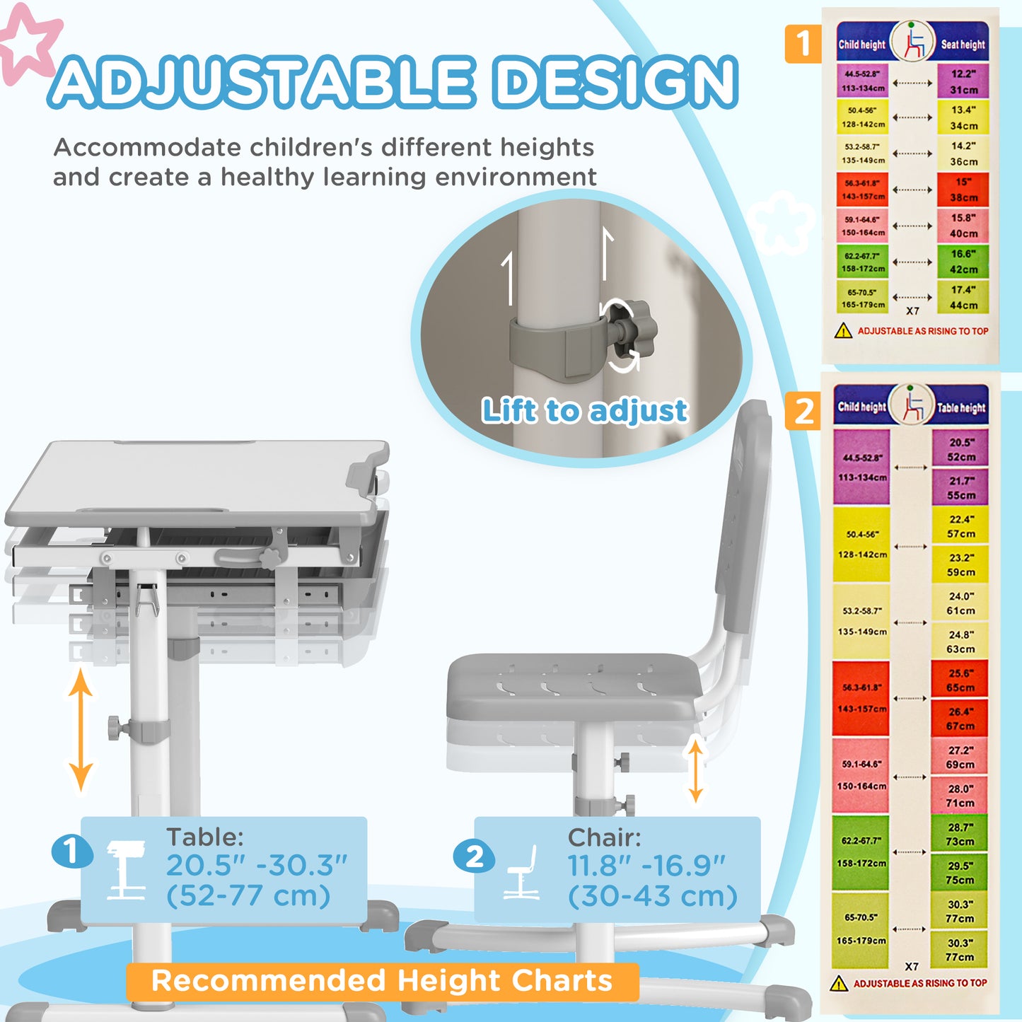 Bureau d'étude ajustable avec chaise et tiroir enfant