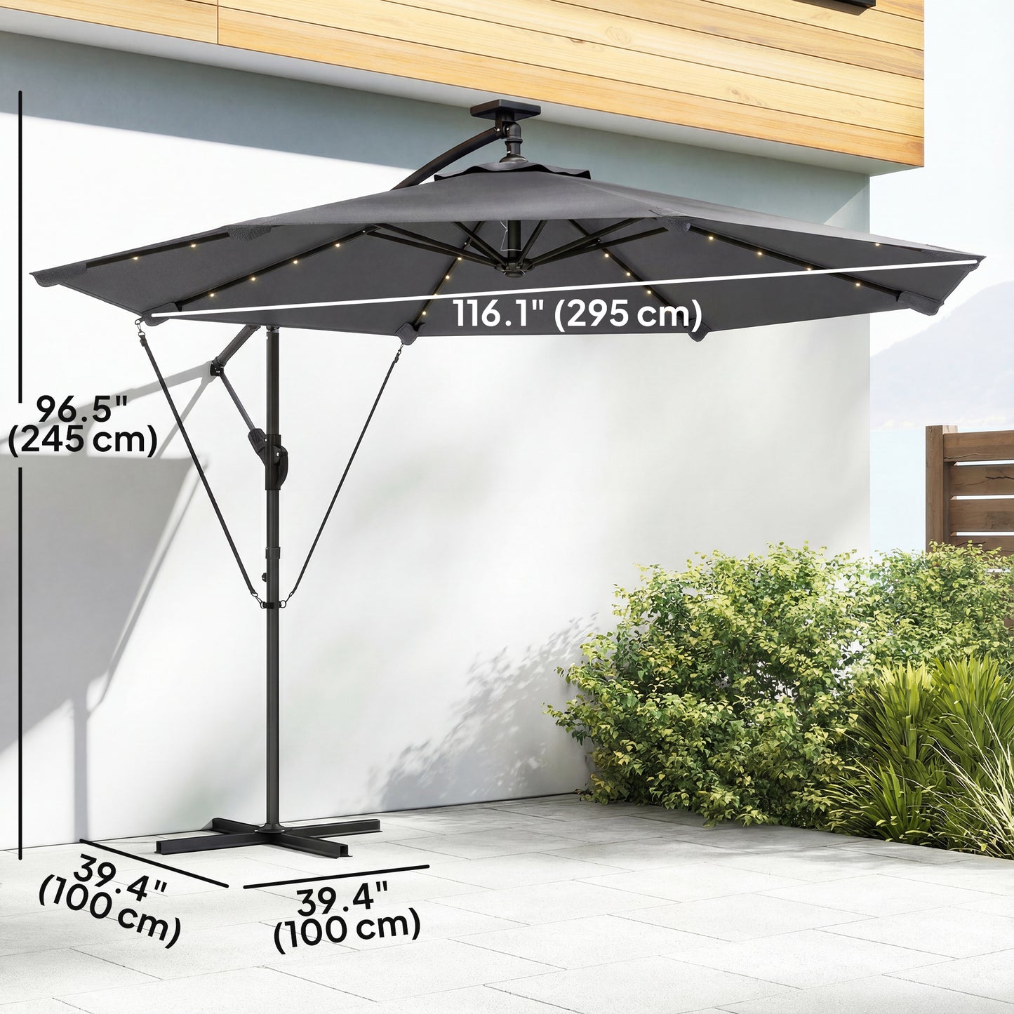 Parasol déporté solaire LED 295 cm avec éclairage