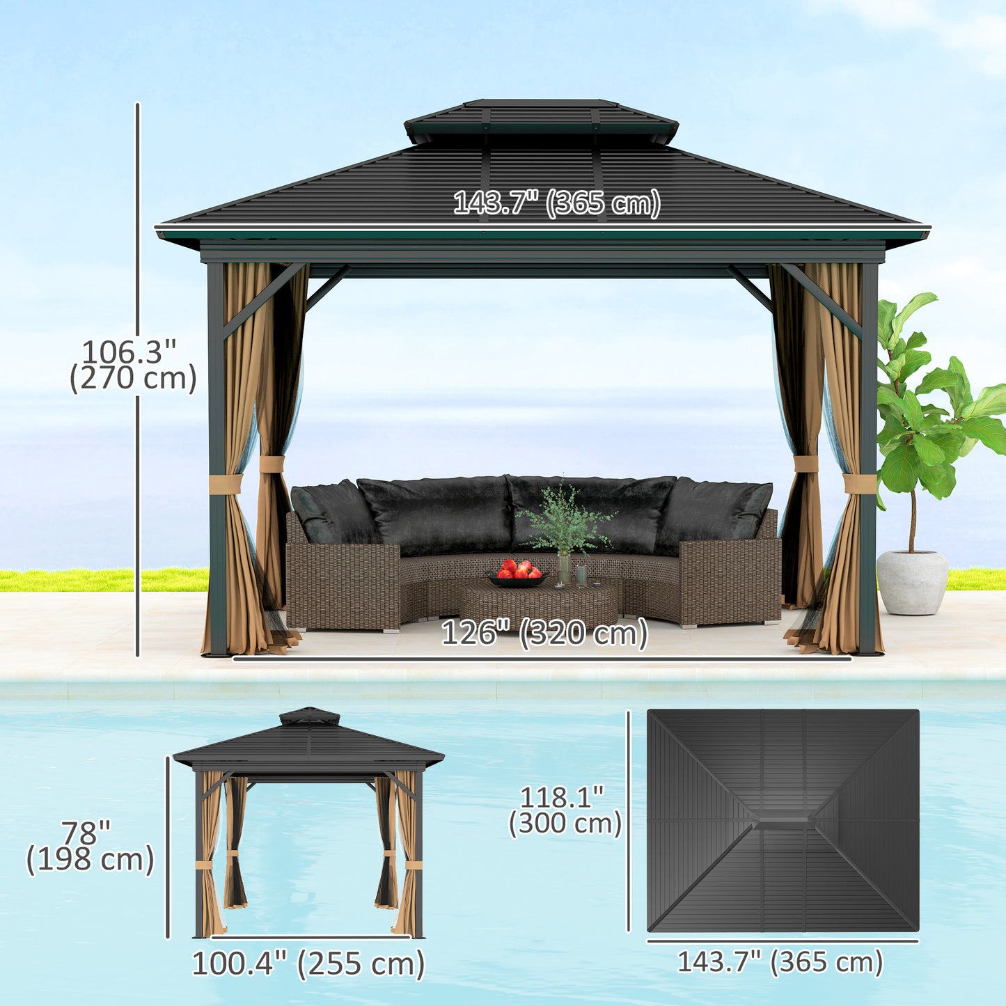Gazébo toit rigide 3x3,7m double niveau moustiquaire