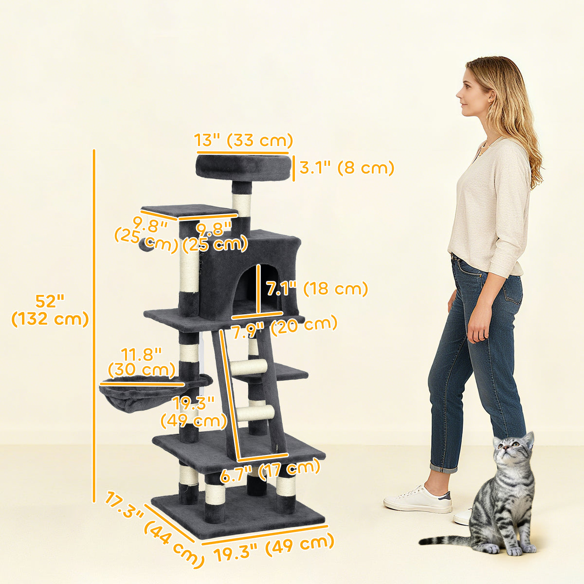 Arbre à chat multi-niveaux 132 cm — gris