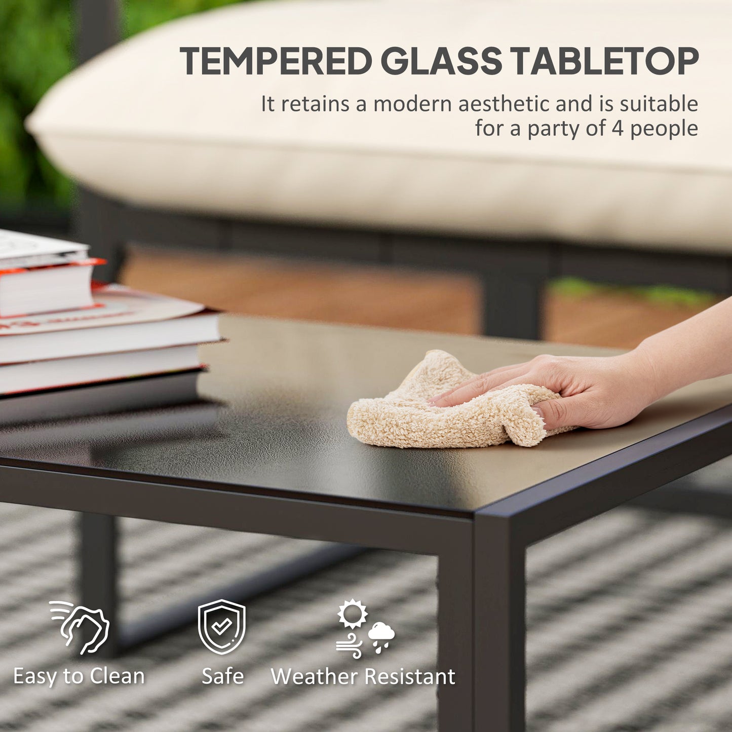 Ensemble patio conversation 4 pièces avec table verre trempé