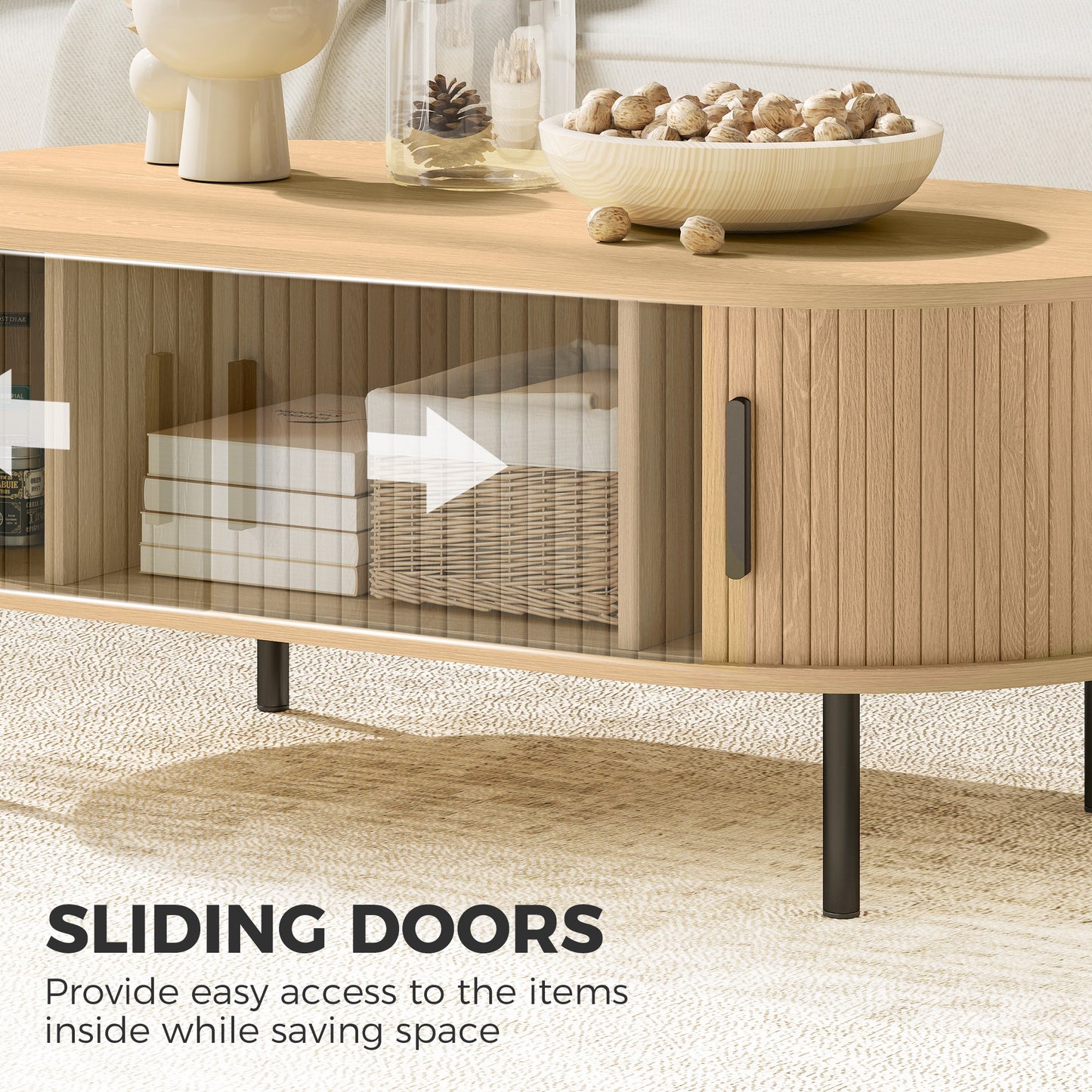 Table basse portes tambour coulissantes pieds métal