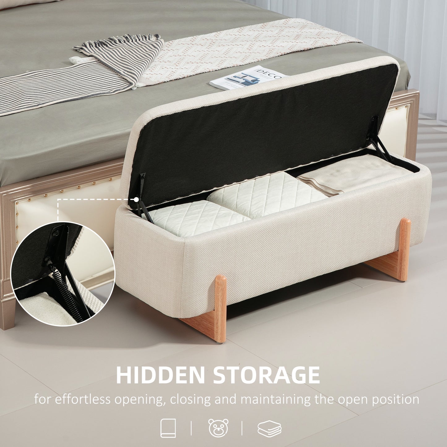 Banc coffre rembourré tissu lin pieds en bois