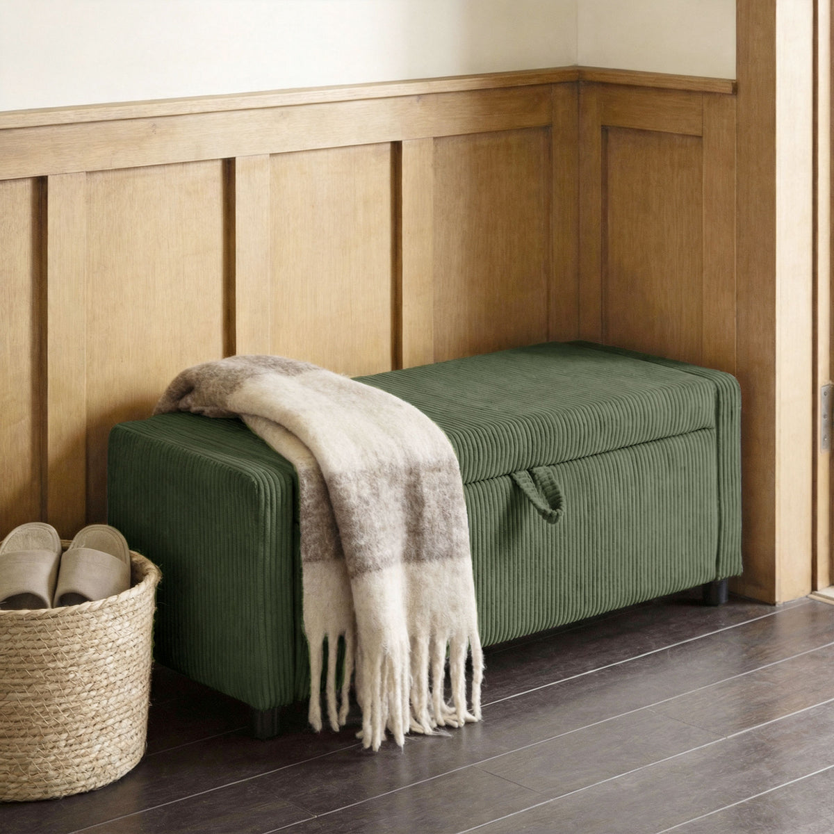 Banc de rangement capitonné en velours côtelé