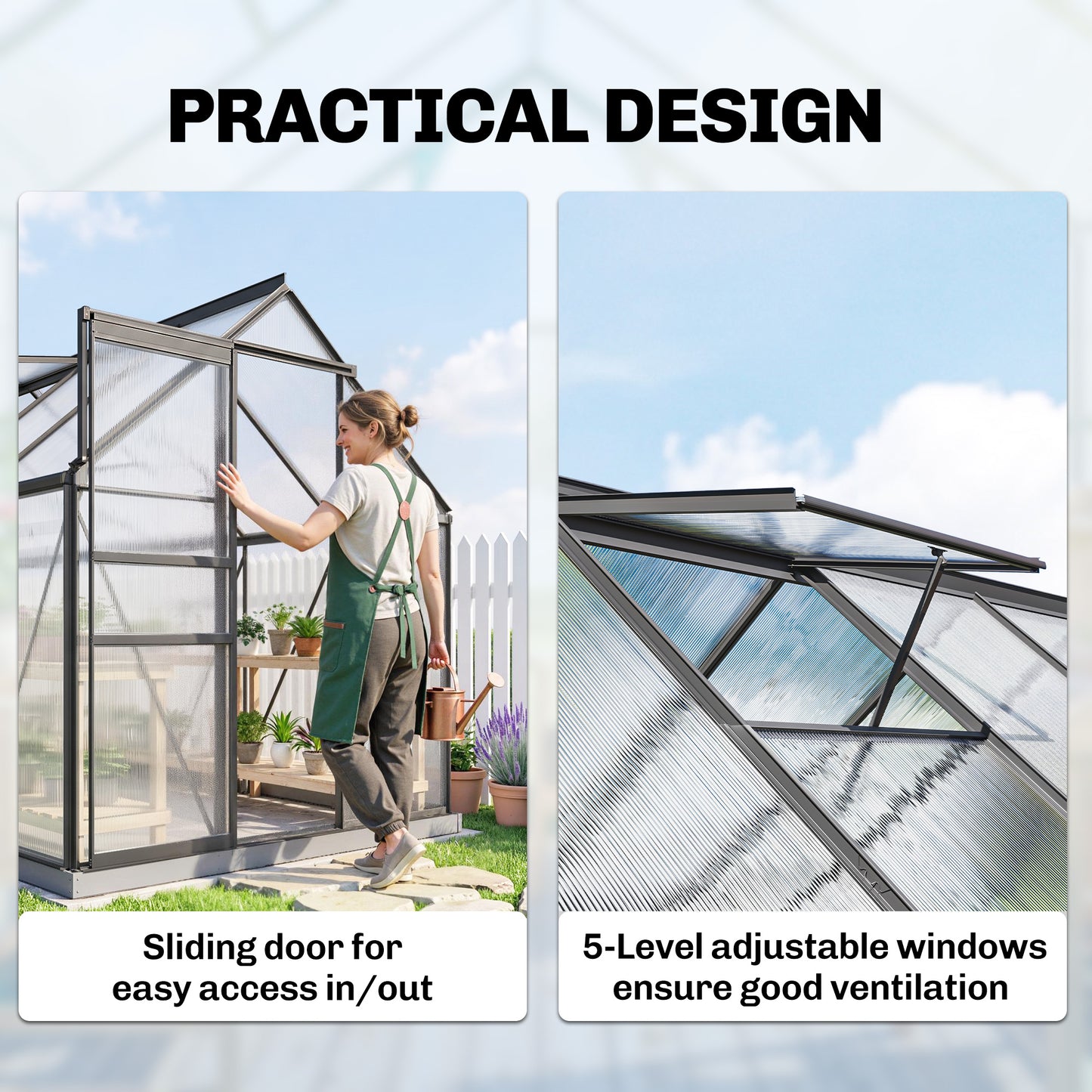  190x375x199cm Charcoal Grey Polycarbonate Greenhouse with Ventilation