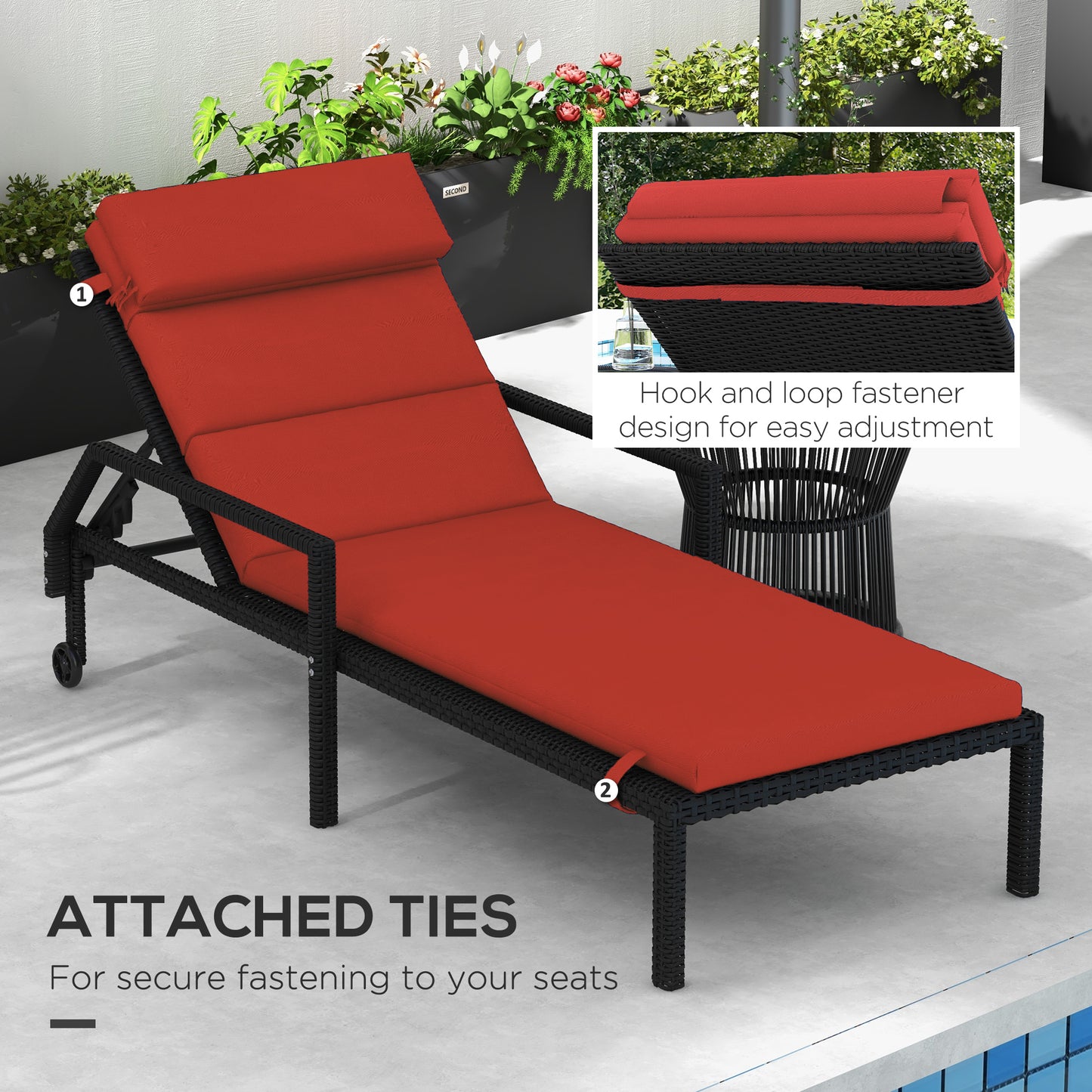 Coussin de chaise longue avec appuie-tête et attaches