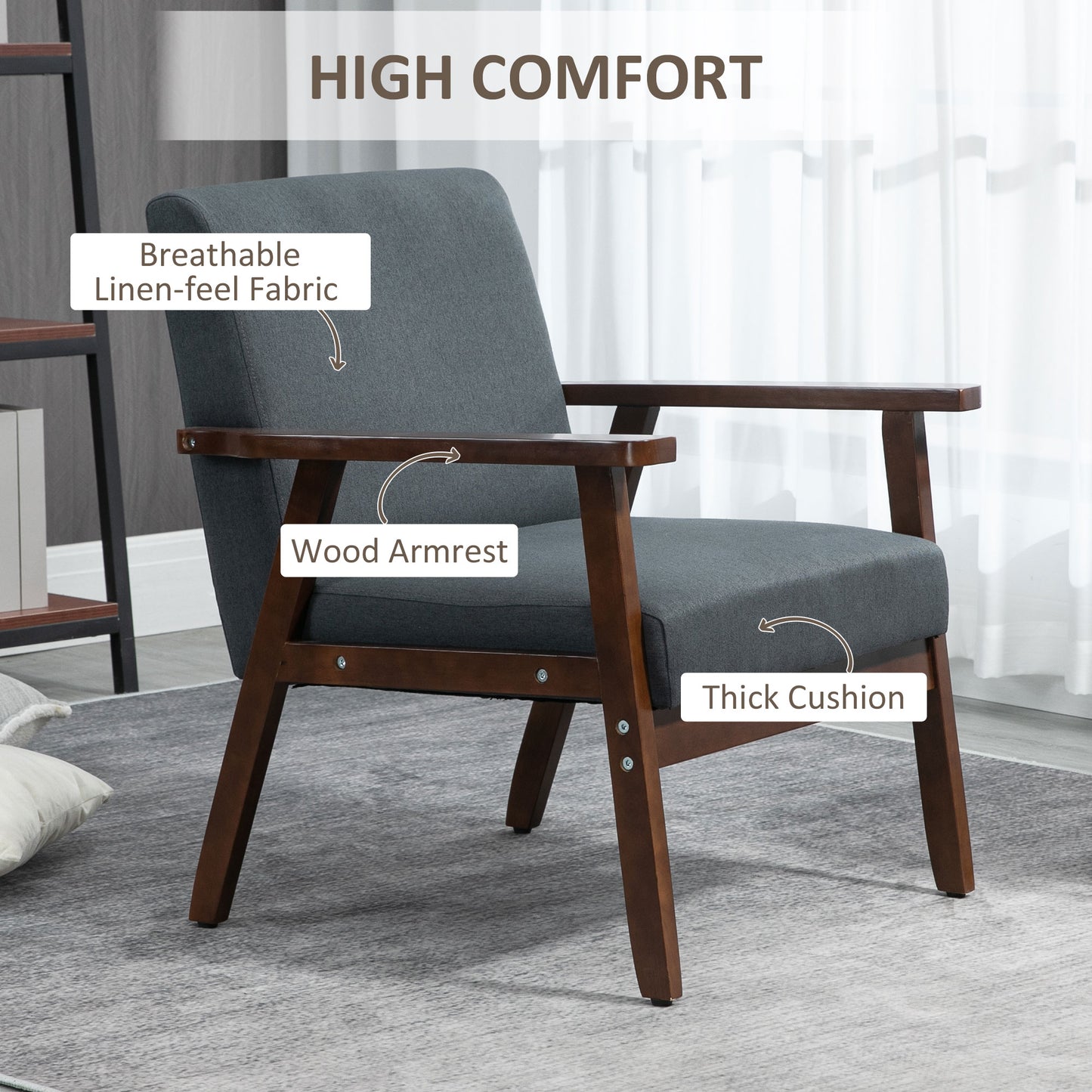 Fauteuil d'accent rembourré avec accoudoirs en bois