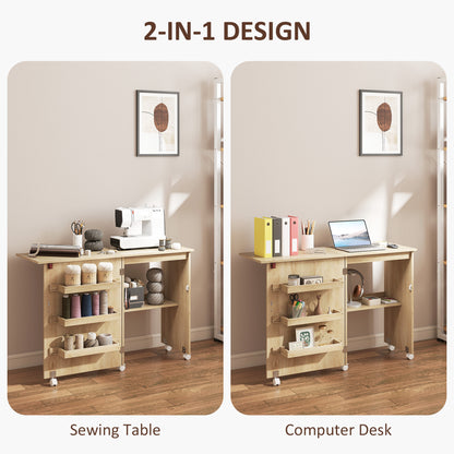 Meuble à coudre pliant avec rangement et roulettes