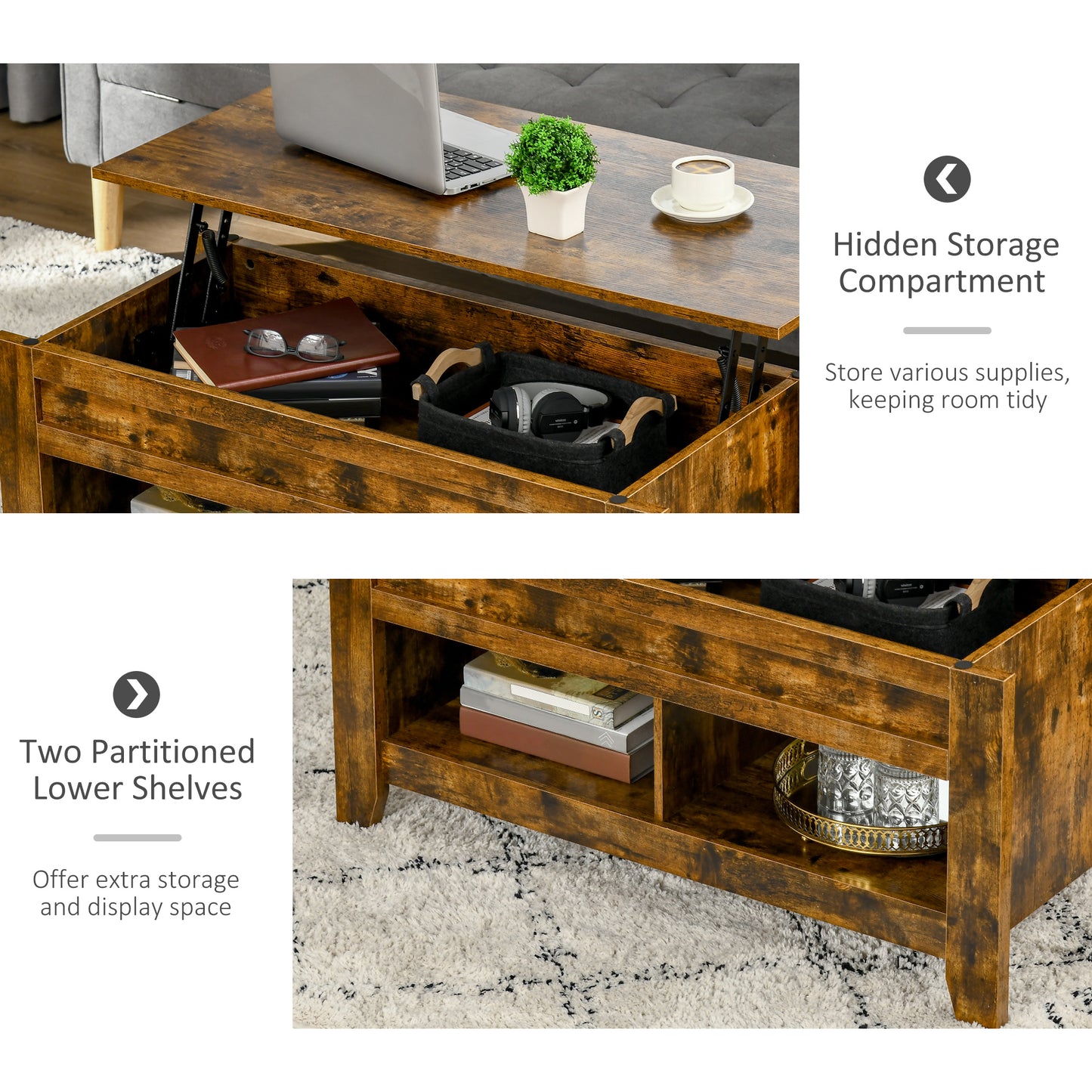 Table à café avec plateau relevable et rangement caché