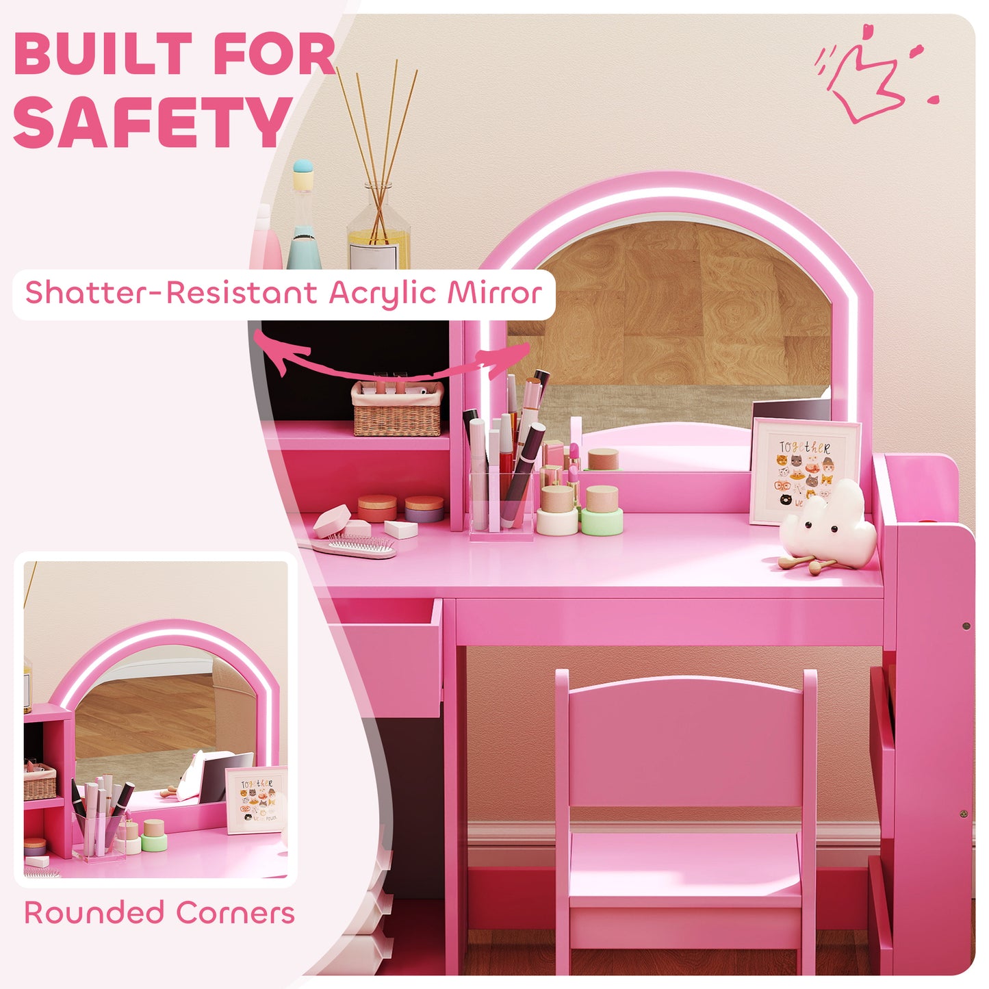 Coiffeuse enfant avec miroir éclairé et rangements