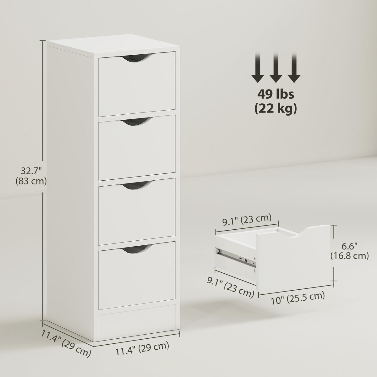 Meuble de salle de bain étroit à 4 tiroirs
