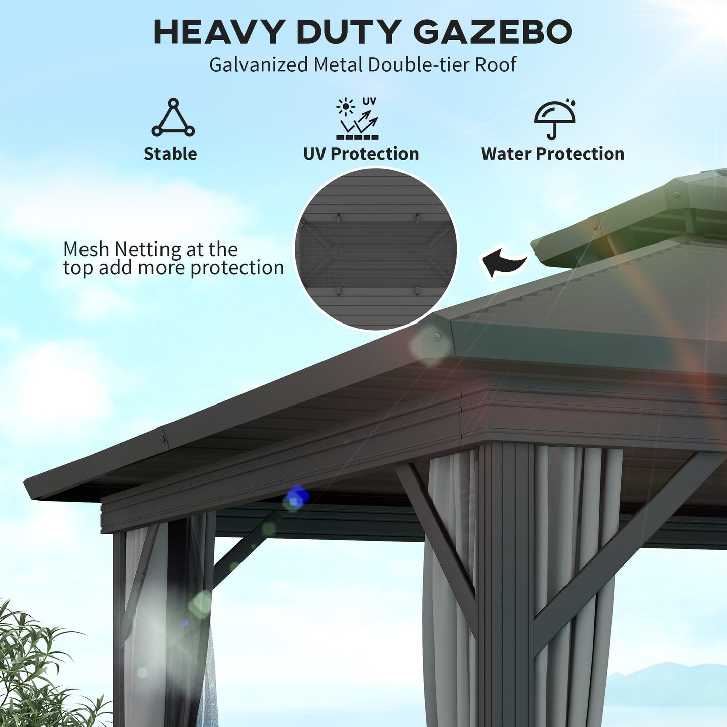 Gazébo toit rigide 3x3,7m double niveau moustiquaire