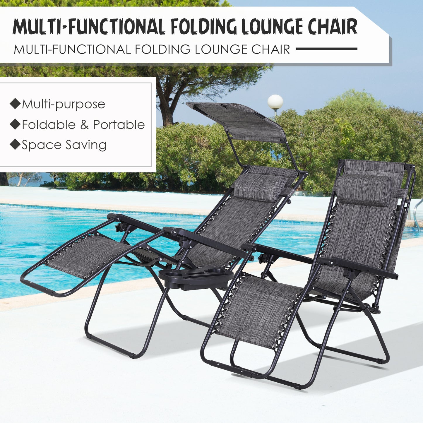 Chaise longue zéro gravité pliable avec auvent
