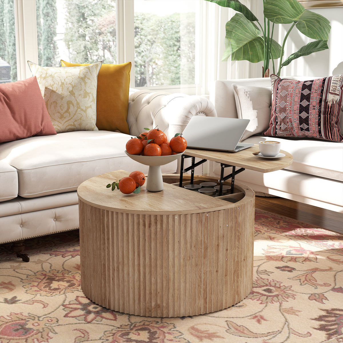 Table basse ronde cannelée à plateau relevable