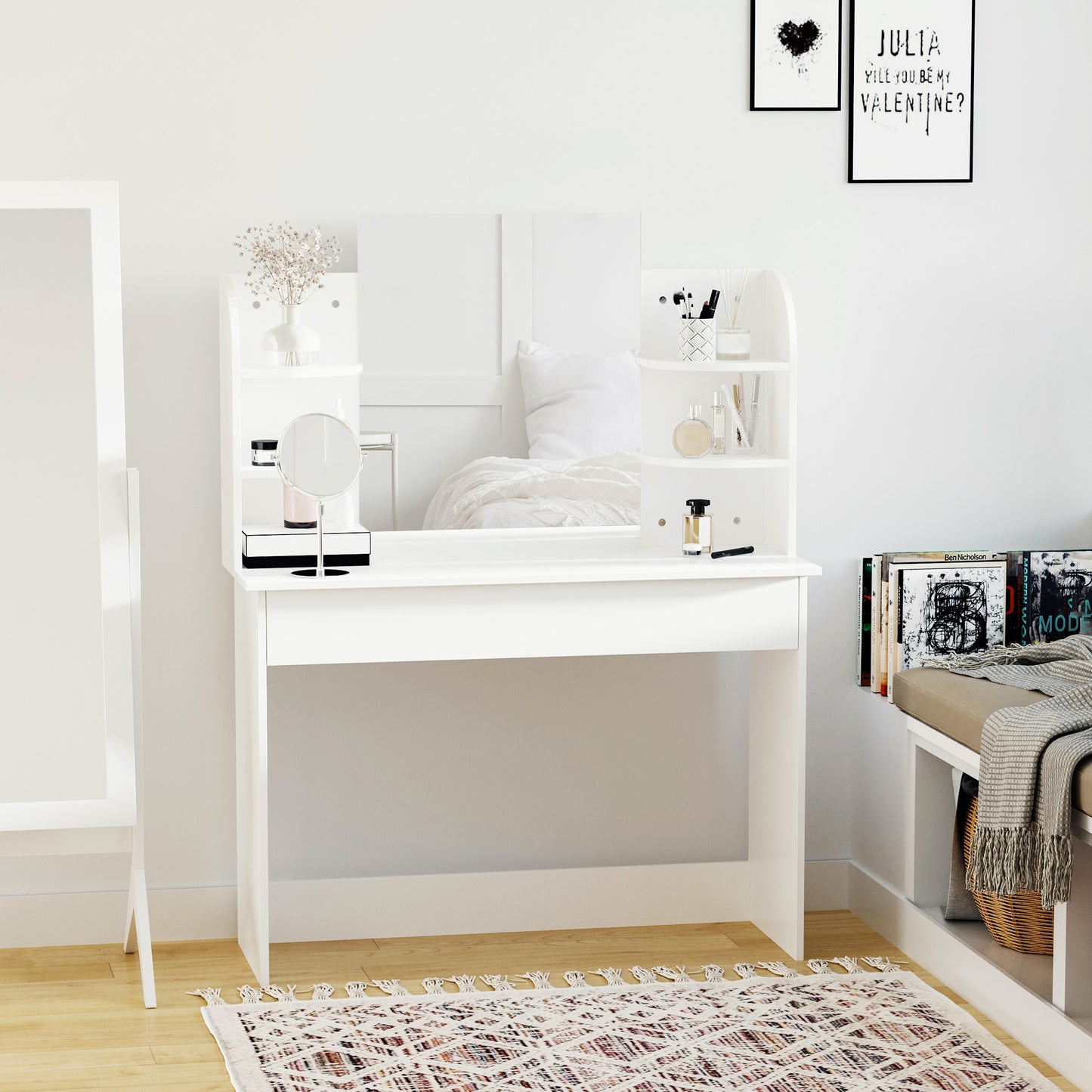 Table de maquillage avec miroir et étagères