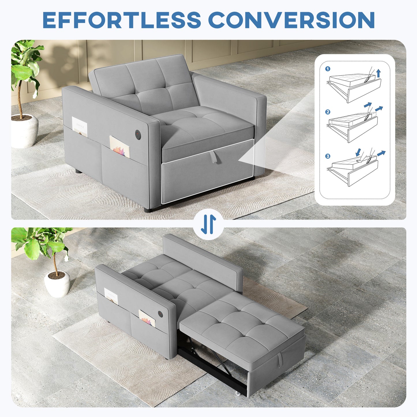Fauteuil-lit convertible en velours avec USB