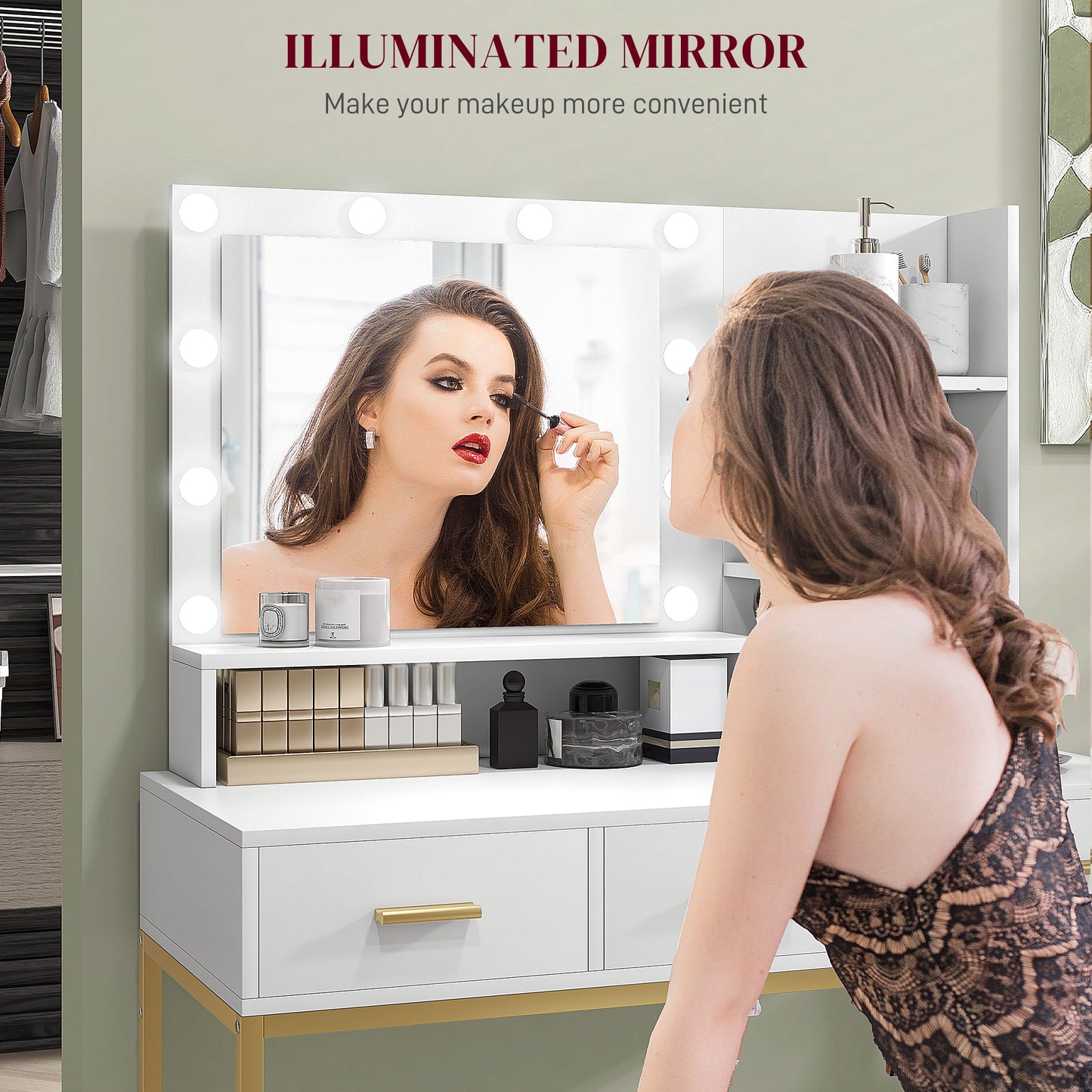Coiffeuse illuminée avec miroir LED et 3 tiroirs