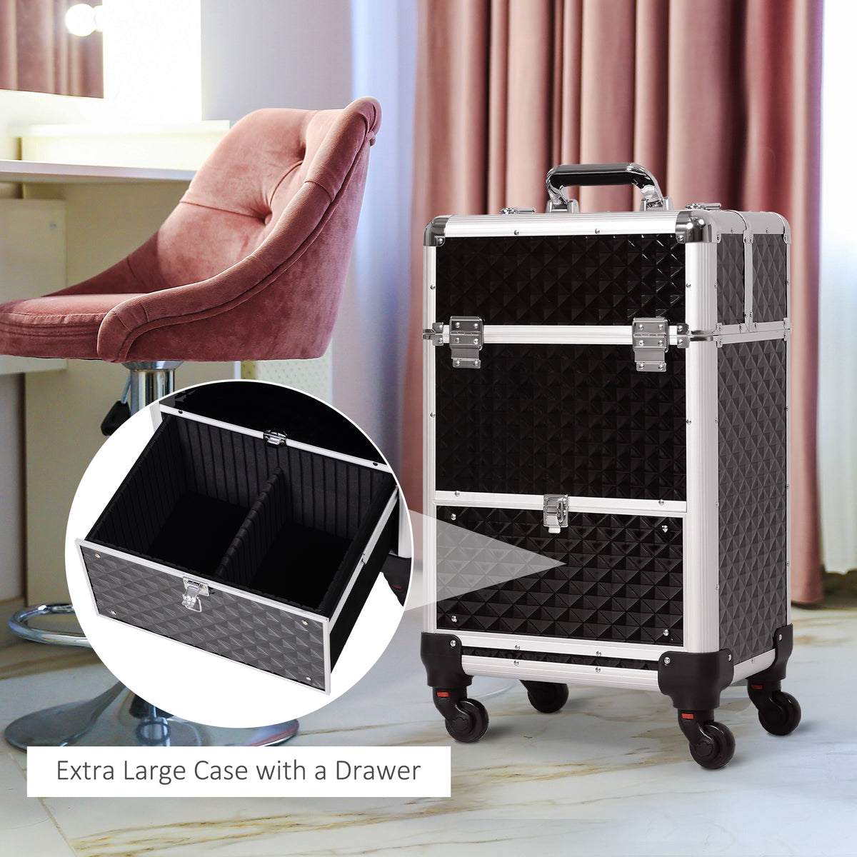 Valise de maquillage roulante professionnelle en aluminium