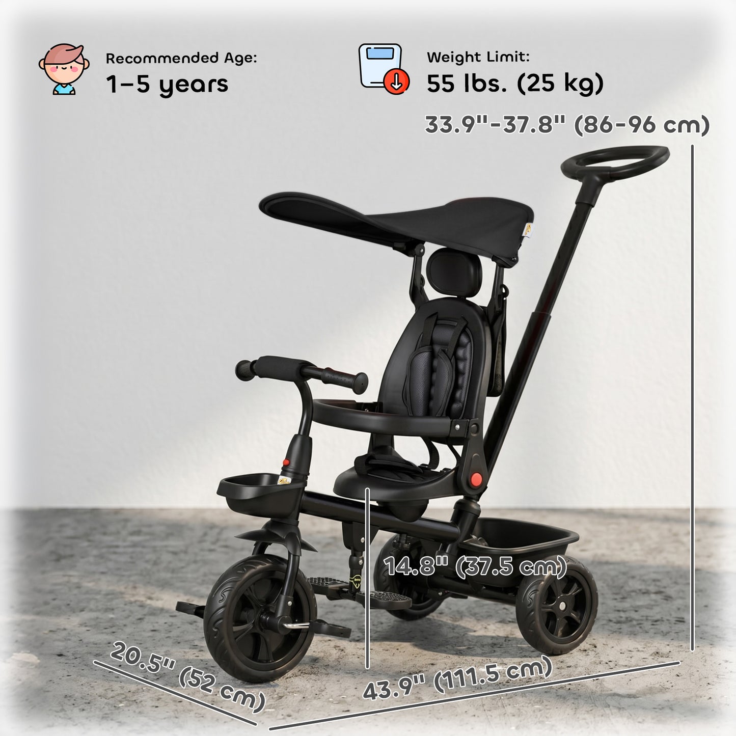 Tricycle évolutif 5-en-1 avec poignée parentale