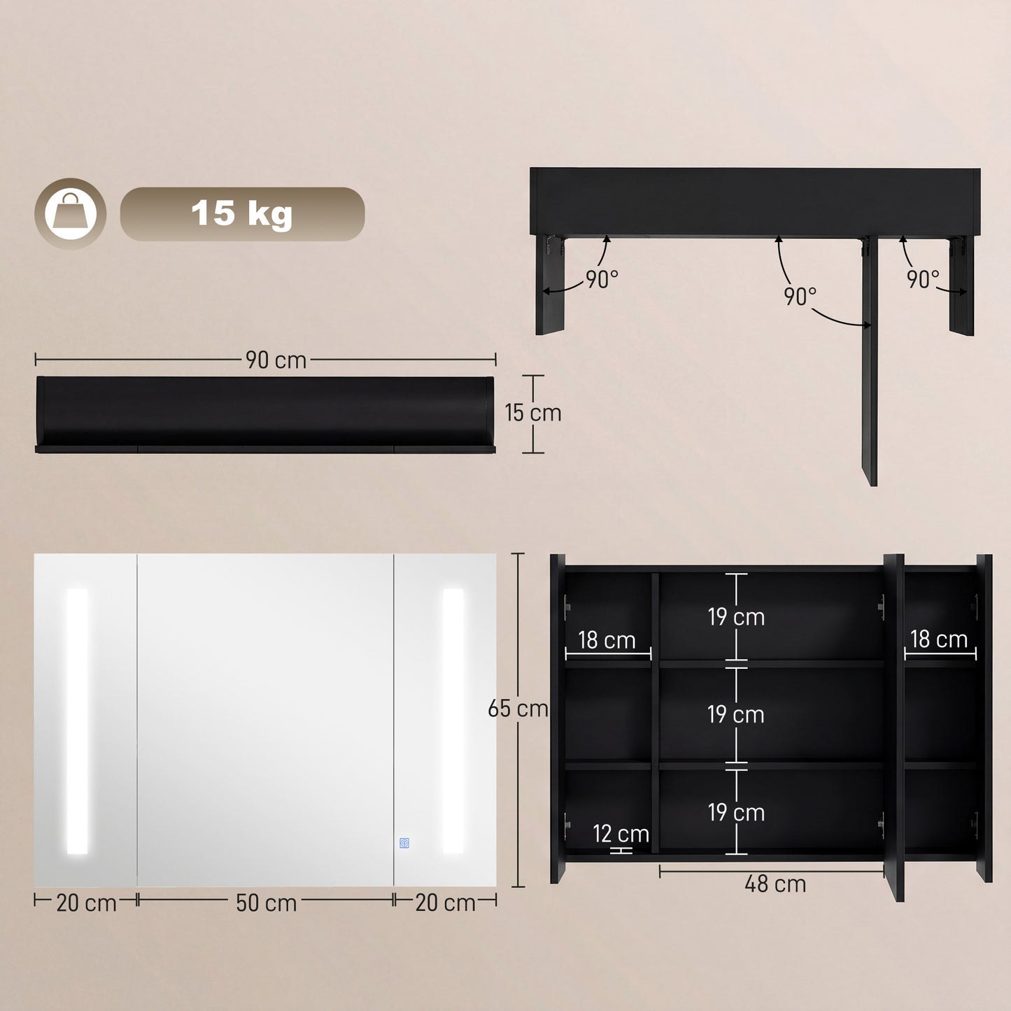 Armoire à miroir LED murale avec étagères ajustables